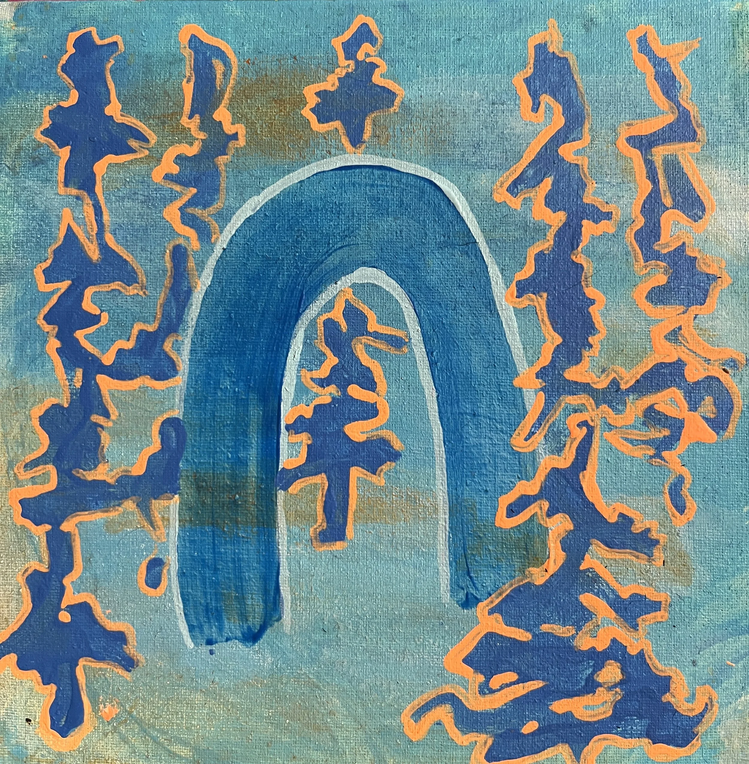 Gathering Place: Arch and Color Study 1---

6"x6"   Acrylic   $45-$90---

The Arch here is the central figure, the spruce gather around, there is a feeling of curiosity among the trees, peaking and peering at this strange object. This painting evokes