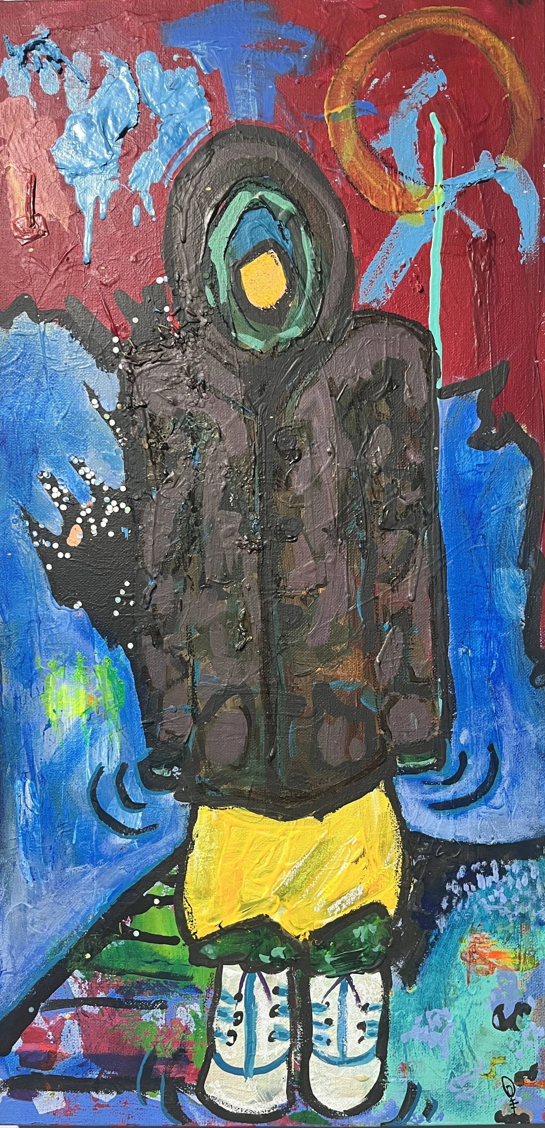 Stepping Through it: The Agitation Before the Walk---

12”X24” 	Mixed Medium	  $200-$300---

This started as my spare paint canvas for a few years and includes experimentation with strange materials (hole punches, spruce needles). I had mostly given 