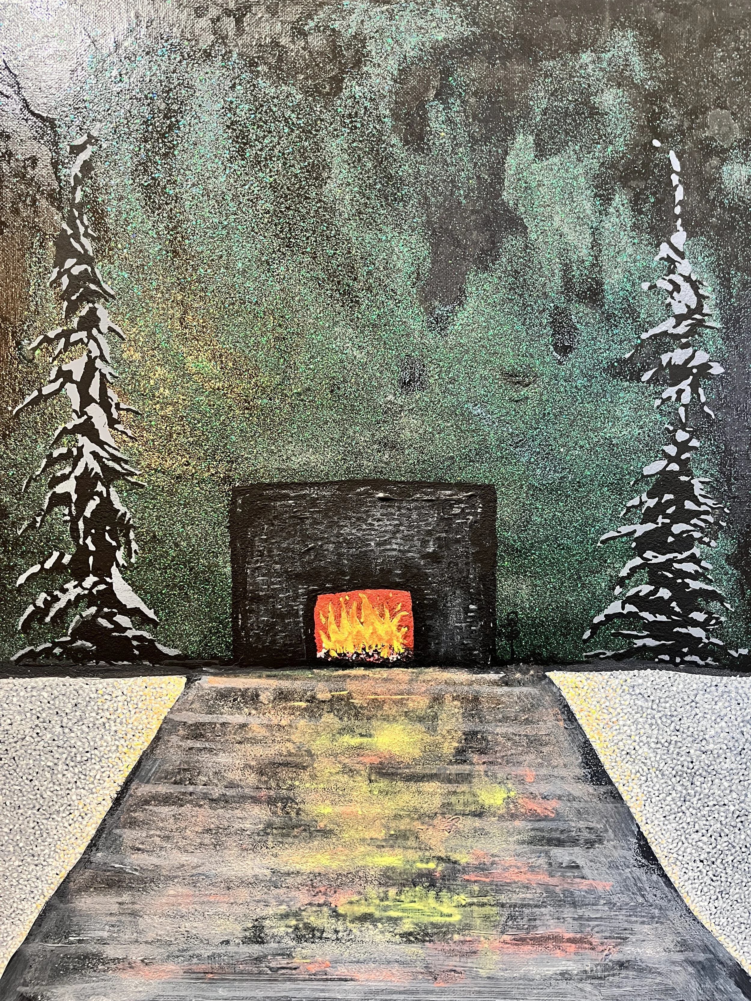 Devotional Painting (For Fire Worship)--
-
16”X20”	Acrylic & Glitter  $300-$500---

This is an Altar Piece, painted with great reverence for fire. I made fires during the day, observing, learning. Fire is so deeply a part of what it is to be human. O