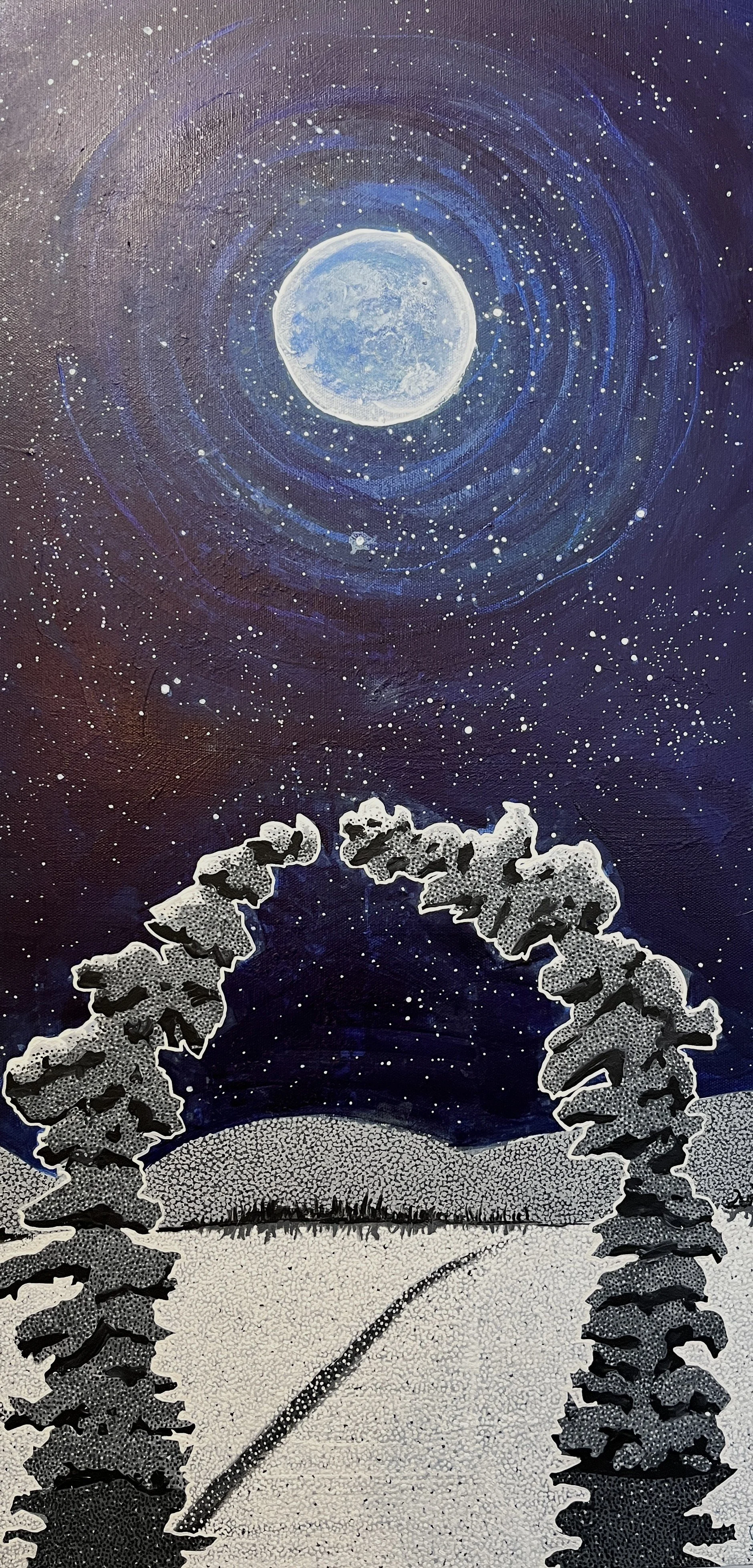 Into the Strange Vastness of a Full Moon's Winter Night---

15”x30”	Acrylic	  Sold at $500---

Inspired by many full moon winter walks and then incomparable strange joy of marching through the glittering expanse of snow. There is nothing quite like f