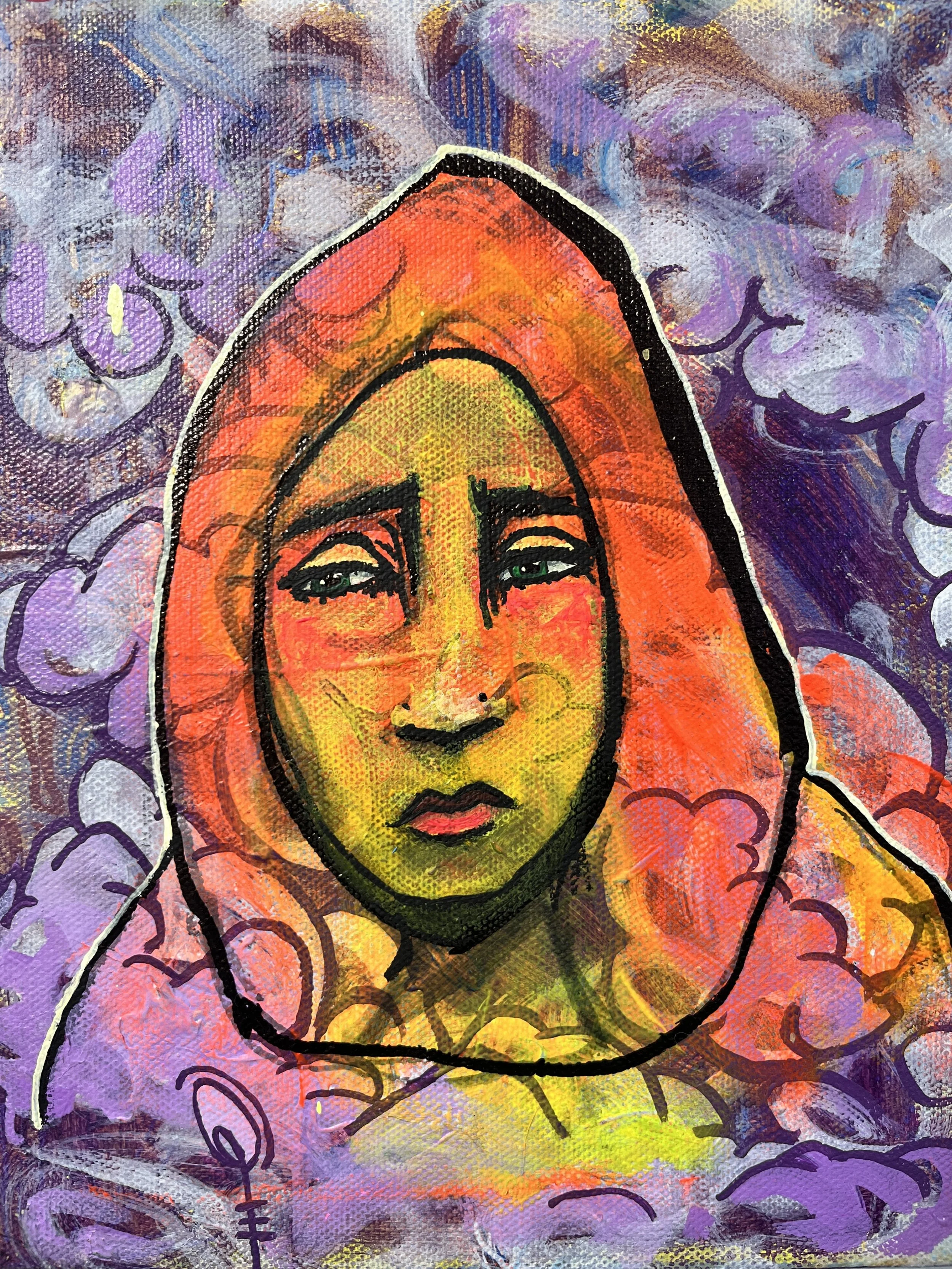 In the Face of Doubt: Through---

8”X10”	Acrylic	  $100-$200---

A depiction of uncertainty, the embodied doubt when coming face to face with a noticeable threshold that is calling out to you. Portraying the feelings that you sit with at a point in y