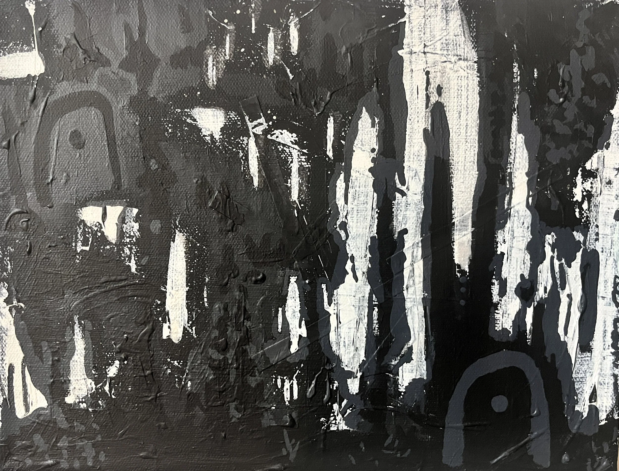 Connections---

12”X9”	Acrylic	  $100-$200---

This painting was inspired by the various Black paintings that my Friend Katlian Stark has done over the years. I enjoyed using a limited palate of white/black/greys. 
The Imagery explores what connectio