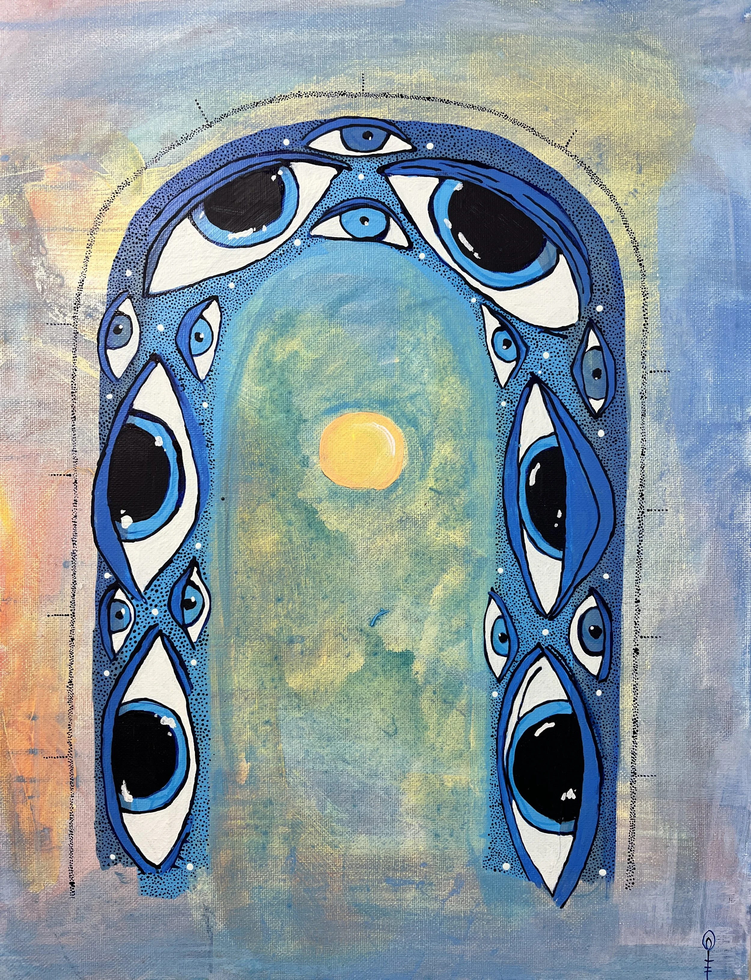 Claiming the Yolk within the Archway of Perceptions---

16”x20”   Acrylic	  $150-$300---

This painting is a contemplation of Perception. What is it like being perceived and how perception is a major threshold (perceived as barrier), especially for a