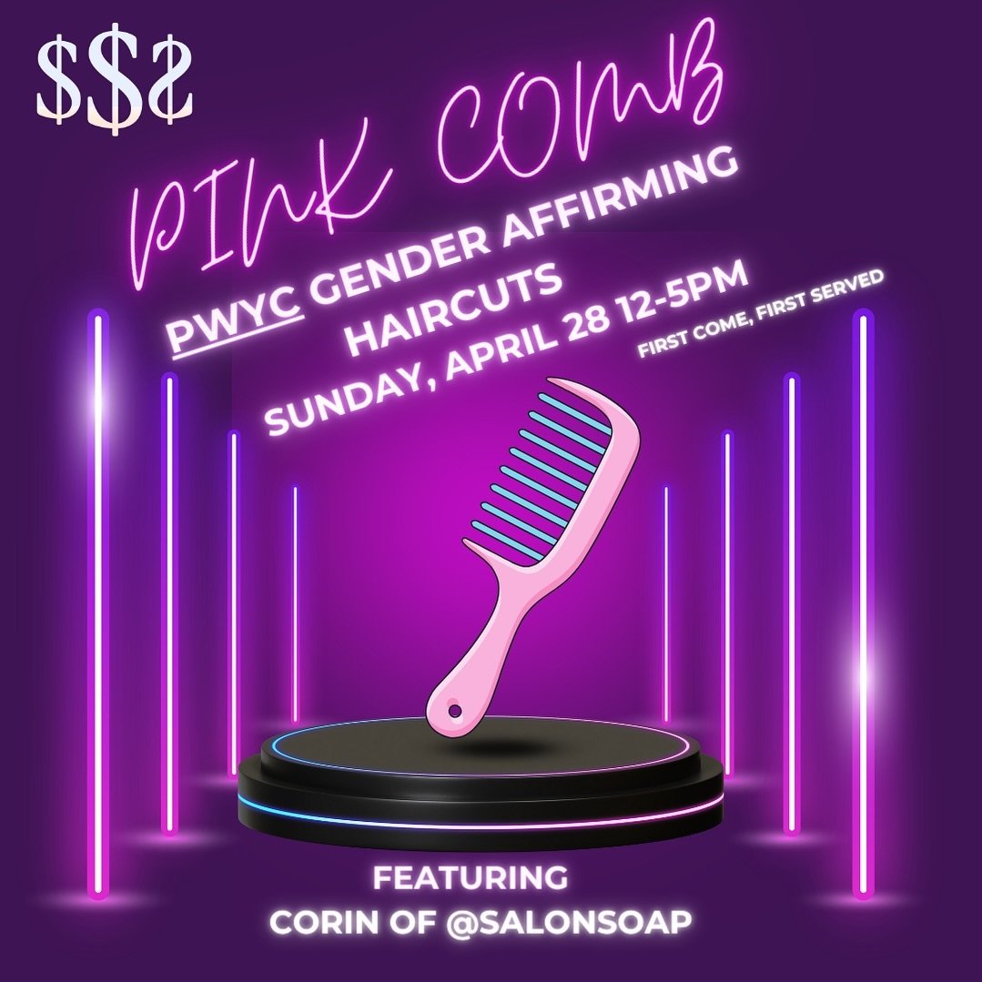 In recognition of the both the financial and comfort barriers to access in typical salons and barbershops, we will be offering PWYC Gender Affirming Haircuts on Sunday, April 28 from 12-5pm, with Corin from Salon Soap! 

✨Doors at 11am. 
✨First come,