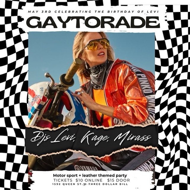 🏍️🔥 GAYTORADE is back this Friday night! We are celebrating @sar.levi &lsquo;s birthday in a leather and moto theme style! Accompanying djs this month are @theycallmekage and @marisadaddy 🔥🏍️ 

Tickets $10 advance in link or $15 cash at the door!