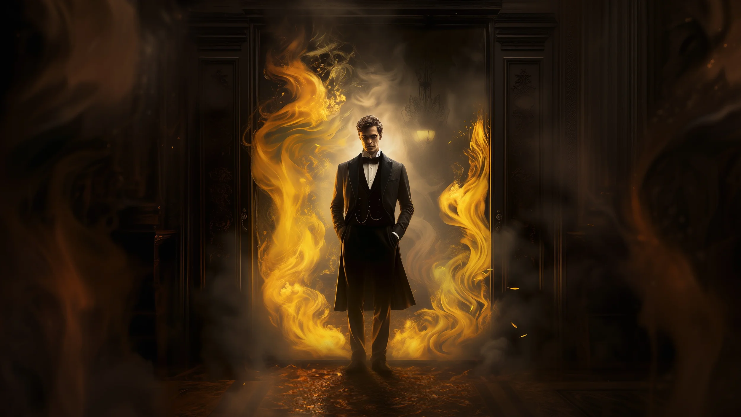 A man in a black tuxedo with a long coat stands in a doorway surrounded by flames and smoke, with a dark ornate room behind.
