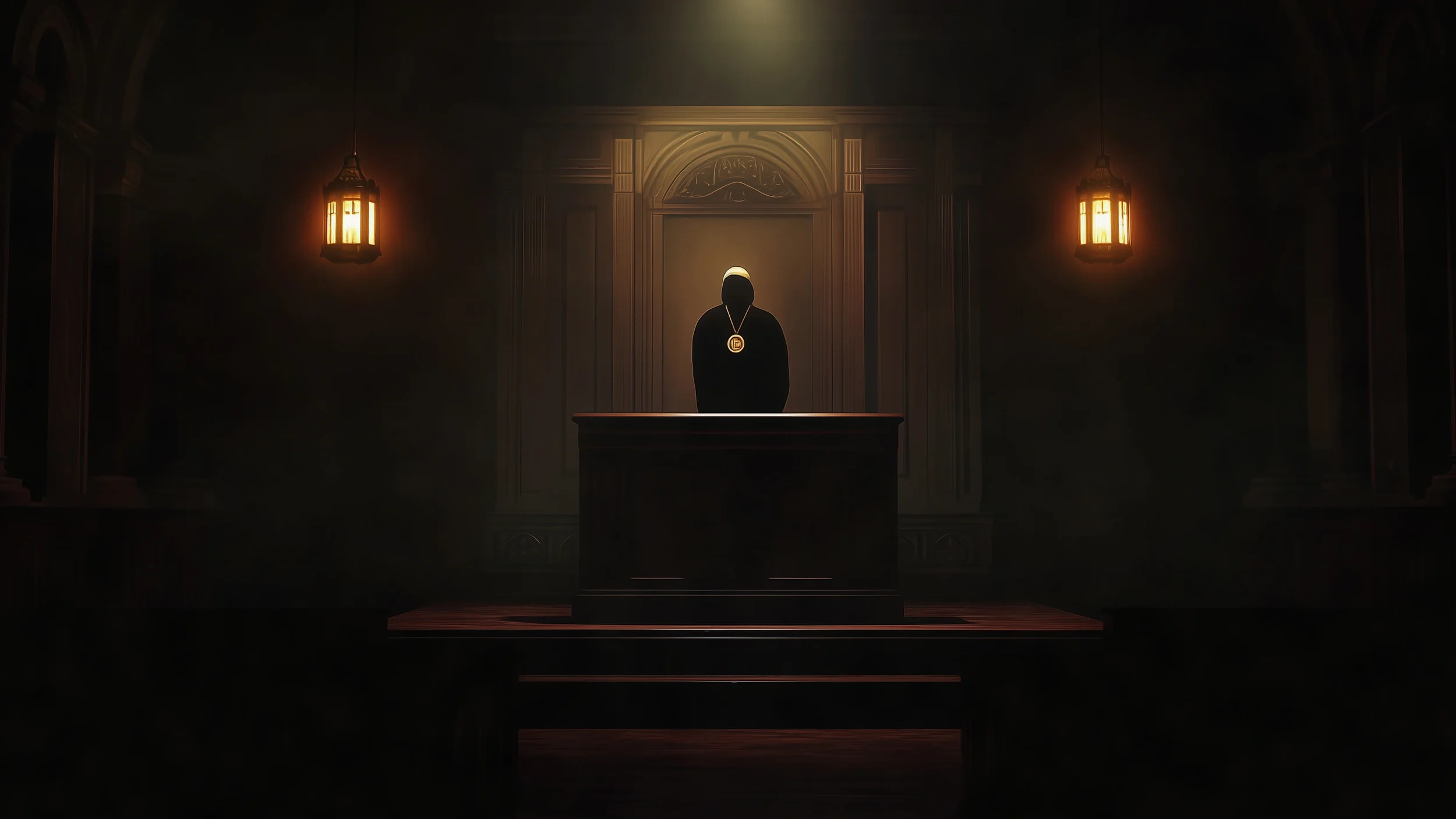 A dark, mysterious room with dim lighting, featuring two hanging lanterns. In the center, a figure dressed in black with a hood or veil, wearing a large medallion, stands behind a desk or altar, illuminated by a soft spotlight.