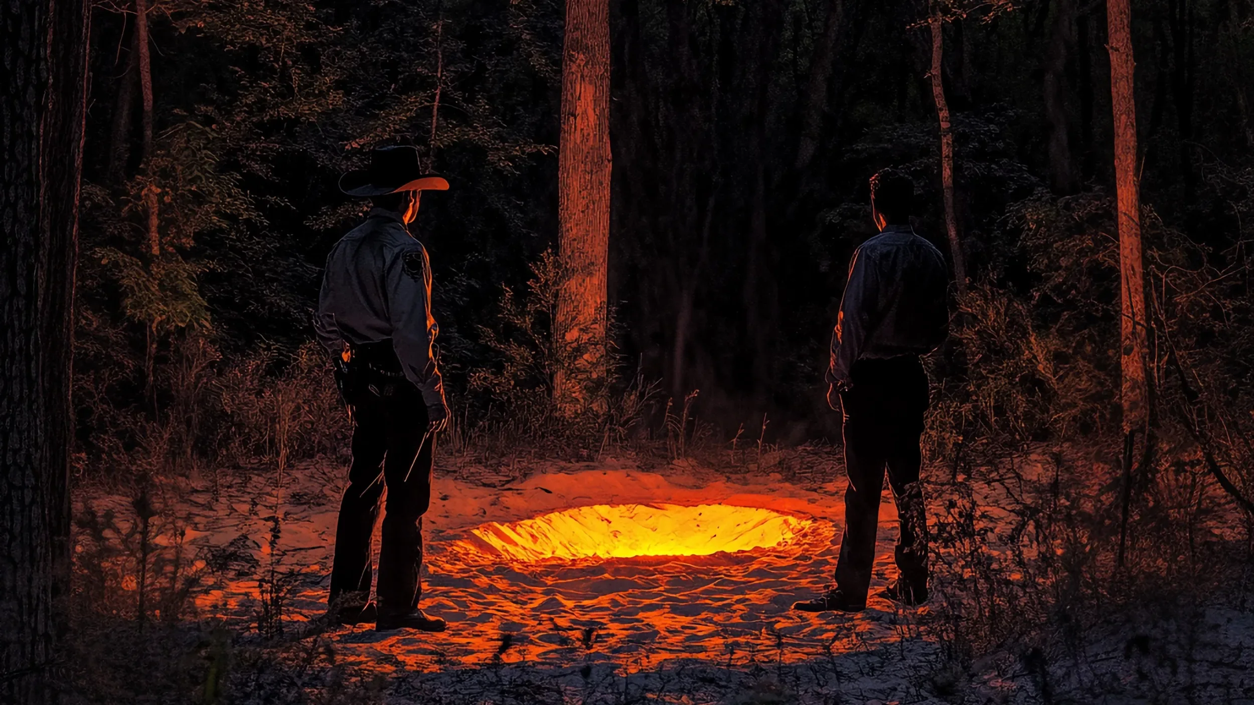 Two people in a dark forest standing near a glowing, fiery crater in the ground.