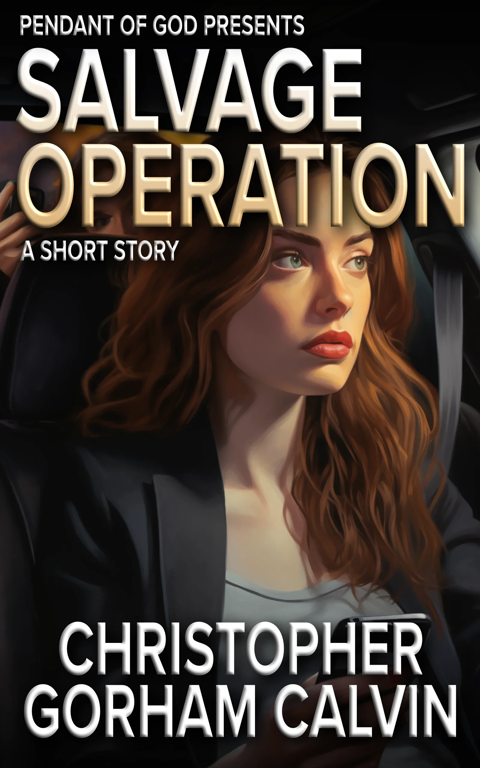 Book cover titled 'Salvage Operation' by Christopher Gorham Calvin, depicting a woman with red hair sitting in a vehicle, looking to the side.