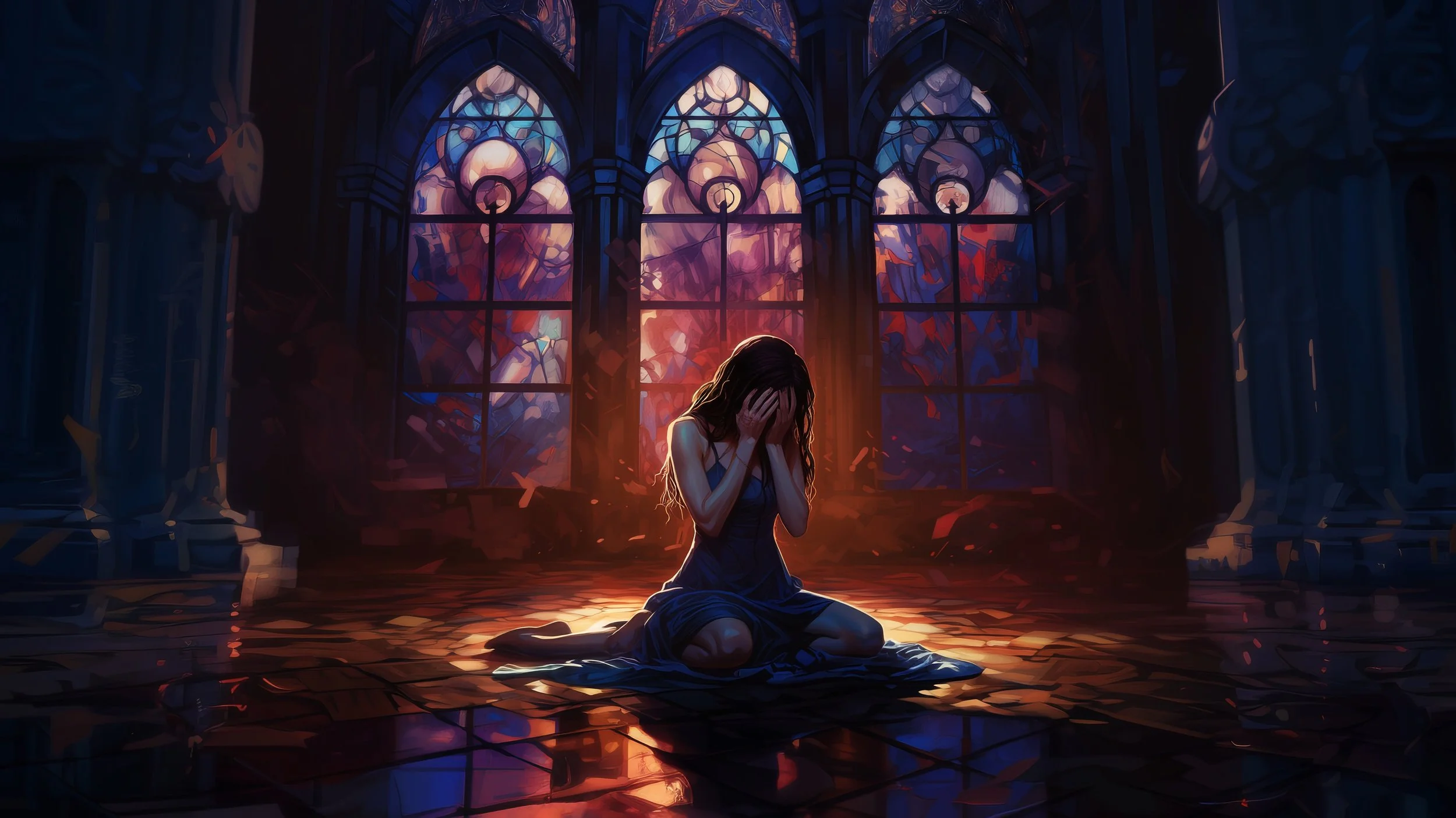 A woman sitting on the floor of a dimly lit, stained glass church, with her face covered in her hands in distress.