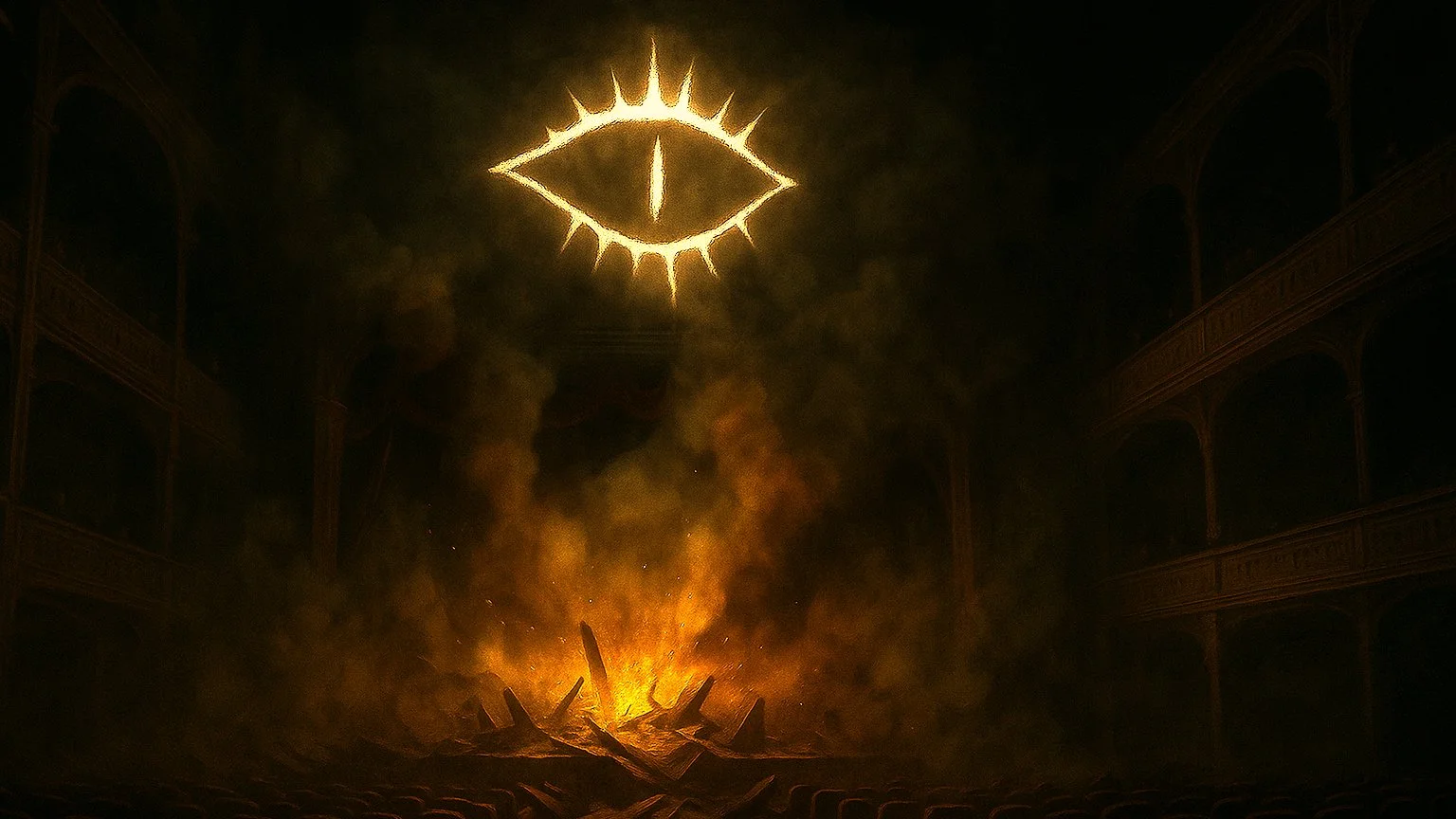 A dark theater or auditorium with a burning bonfire in the center. Above, there is a large, glowing, stylized eye symbol with sharp edges and radiating lines.