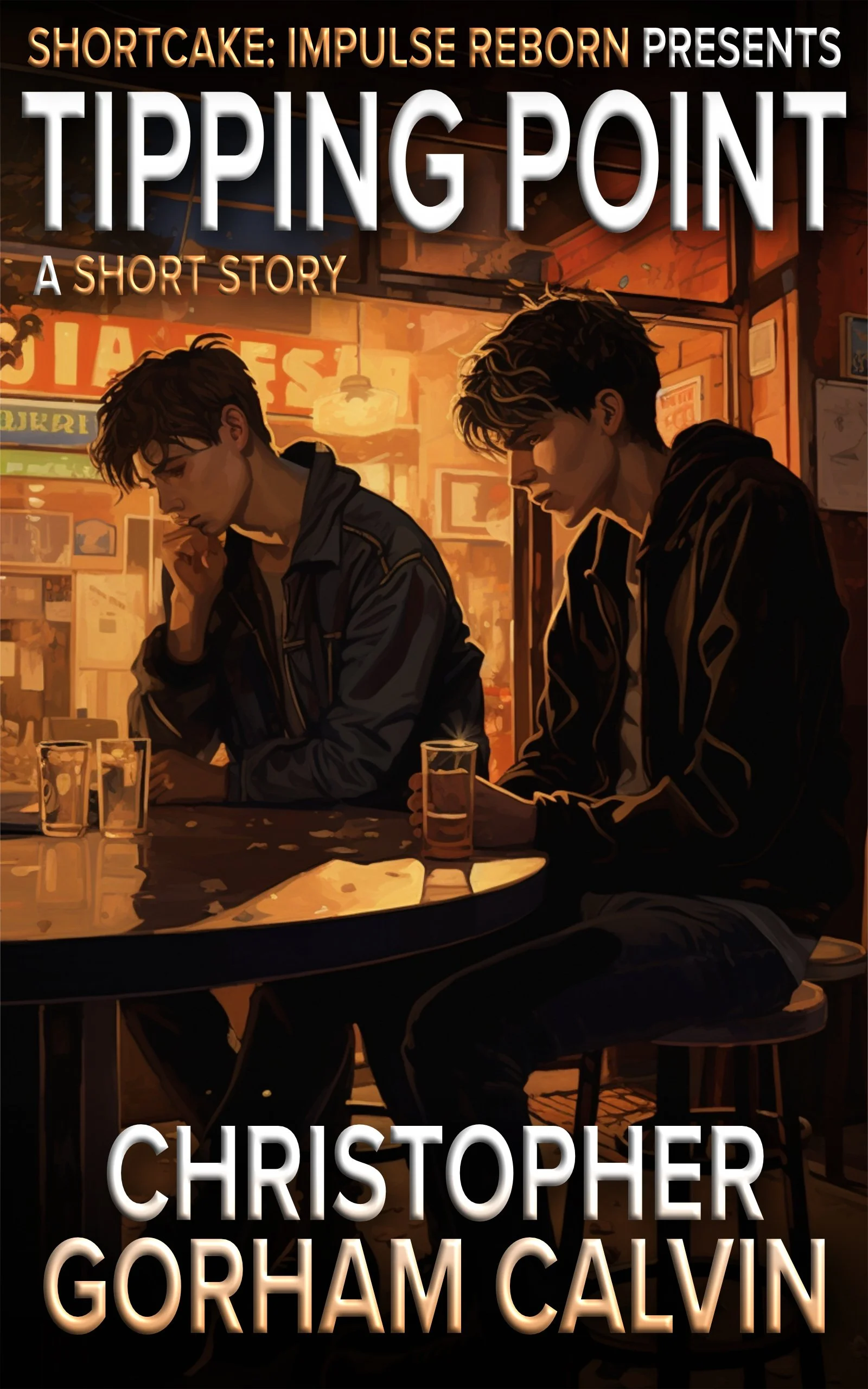Cover art for the short story "Tipping Point" by Christopher Gorham Calvin, featuring two young men sitting at a bar, one looking thoughtful with his hand on his chin and the other holding a drink, in a dimly lit, cozy bar setting.