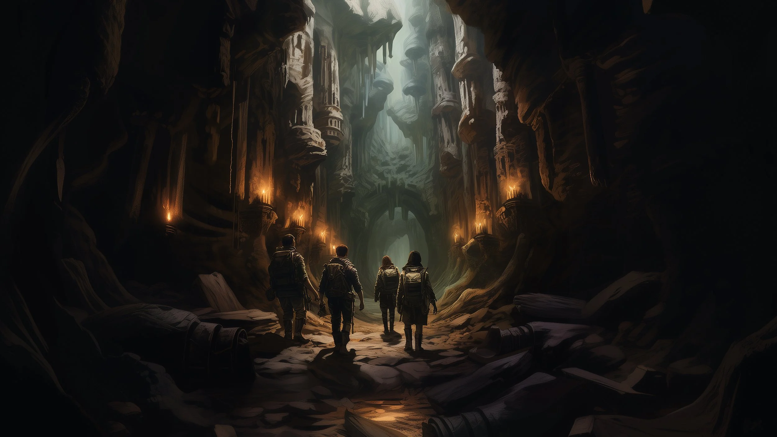 Four explorers walk through a dark, ancient, underground tomb or cave with large stone pillars and glowing torches on the walls.