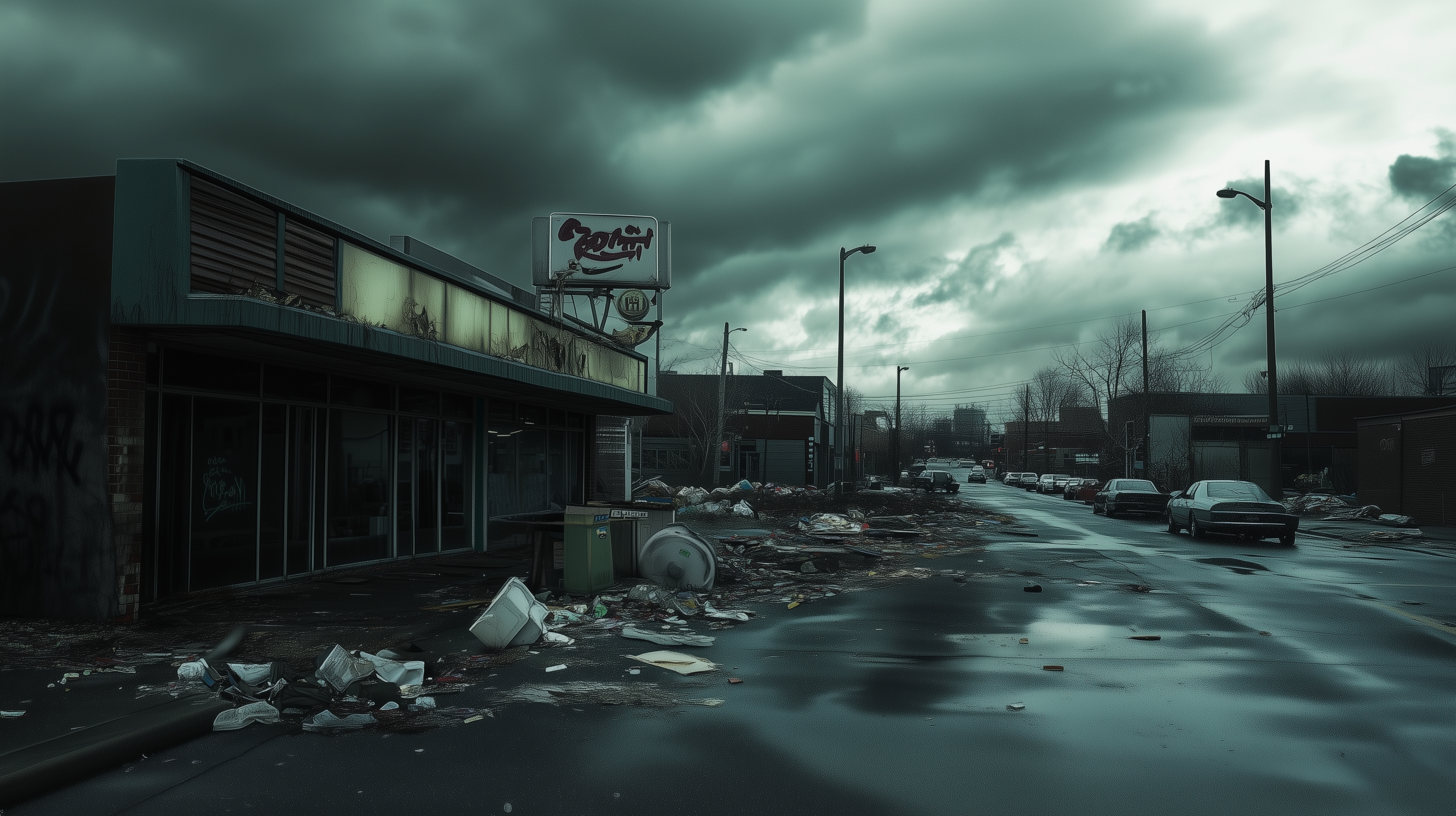 Desolate street scene after storm, flooded road with scattered debris, damaged trash cans, abandoned storefronts, overcast sky