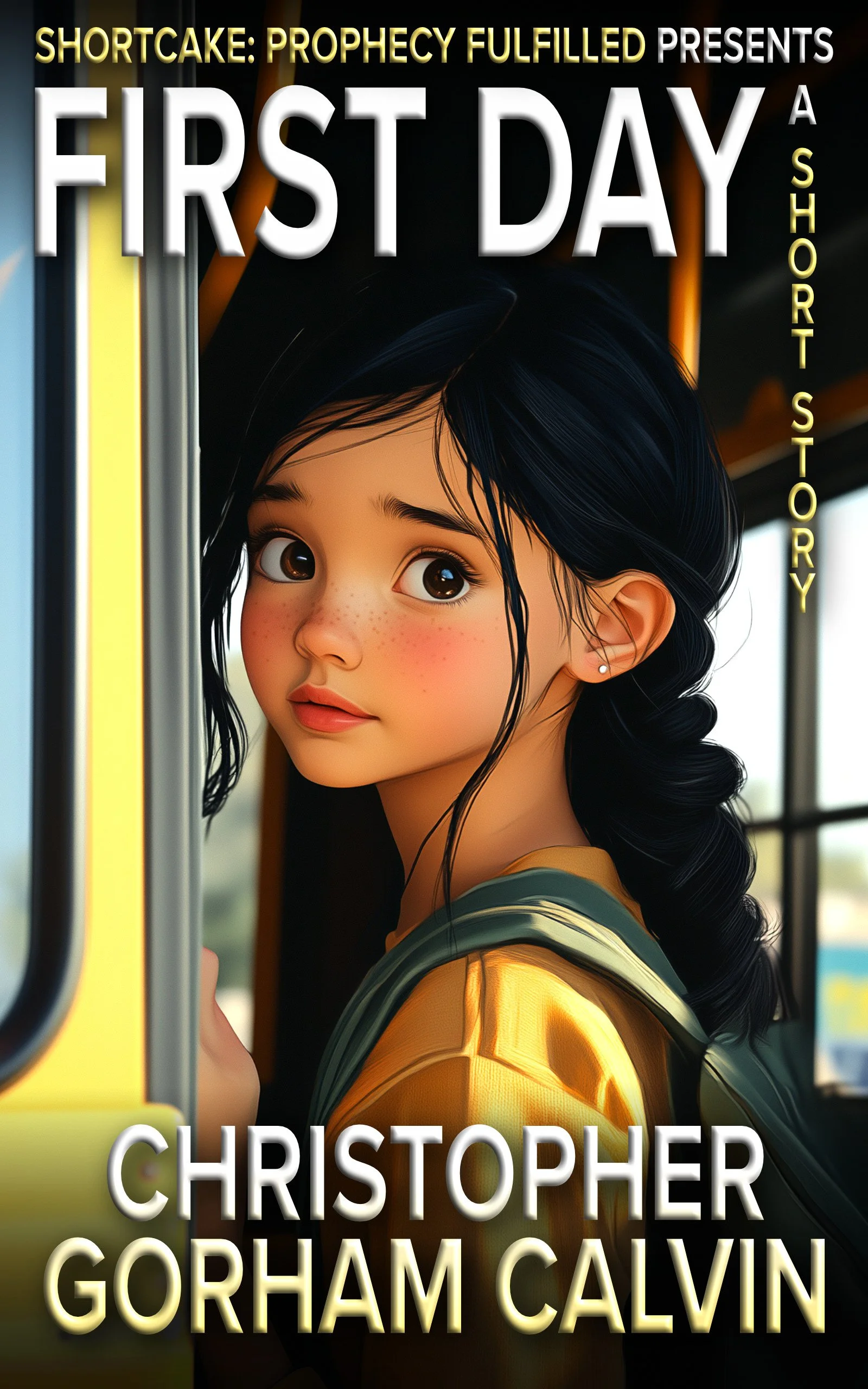 Book cover for 'First Day' by Christopher Gorham Calvin, depicting a young girl with long black hair and brown eyes, looking out from a bus window with a backpack on her shoulder.
