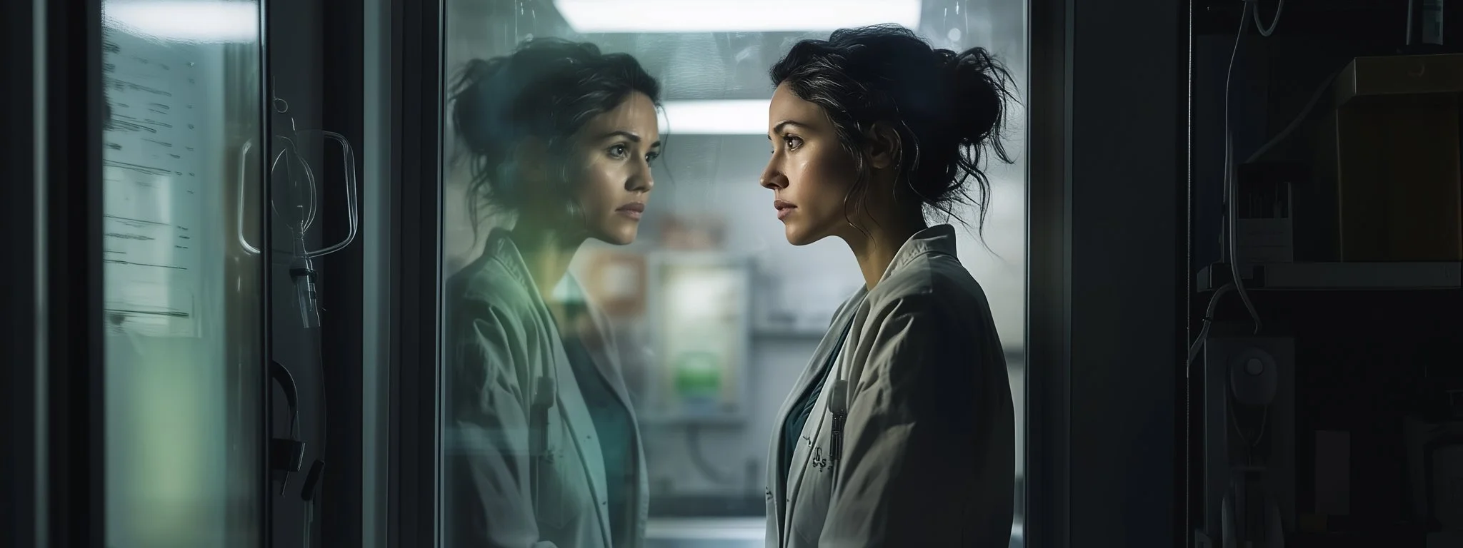 Two female doctors in medical coats looking at each other through a glass window in a hospital or medical setting.