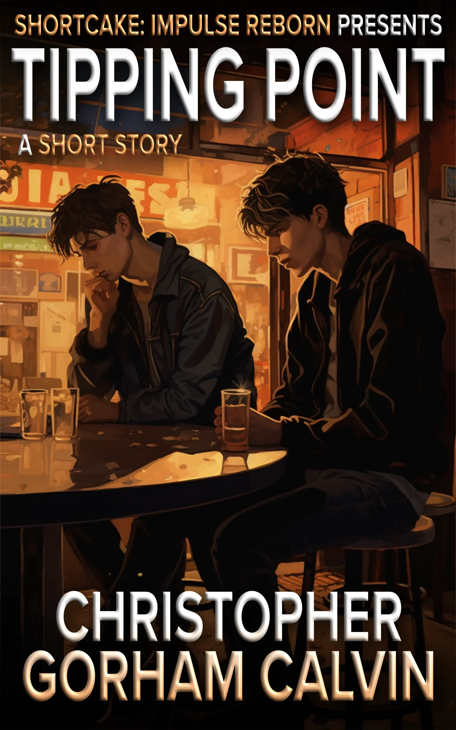 Book cover for “Tipping Point” by Christopher Gorham Calvin. Two young men sit at a bar table in a dimly lit pub, looking contemplative. The background features warm lighting with signs and framed pictures on the wall.