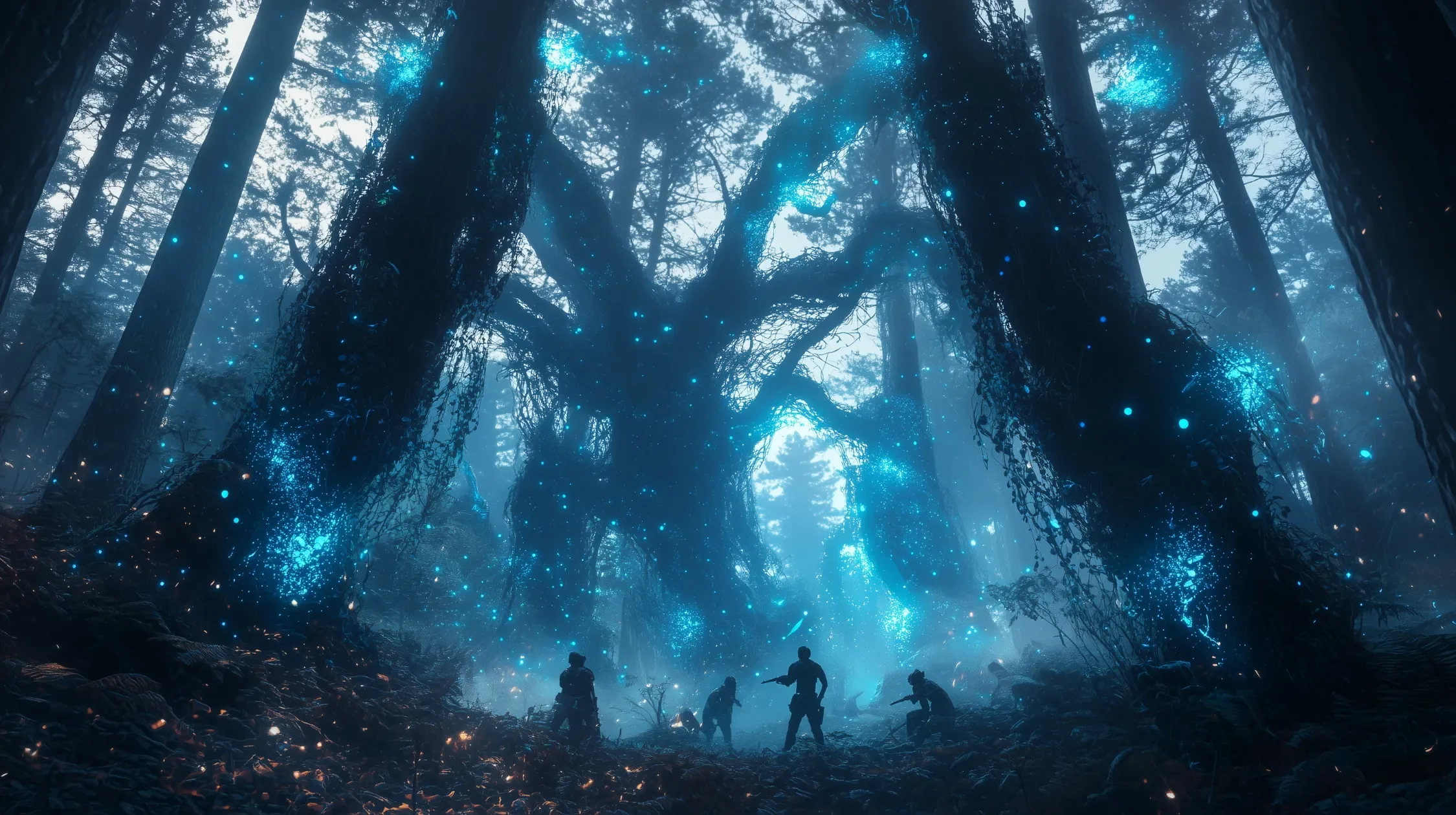 A group of five people in futuristic gear exploring a glowing, bioluminescent forest with large, ancient trees and blue lights.
