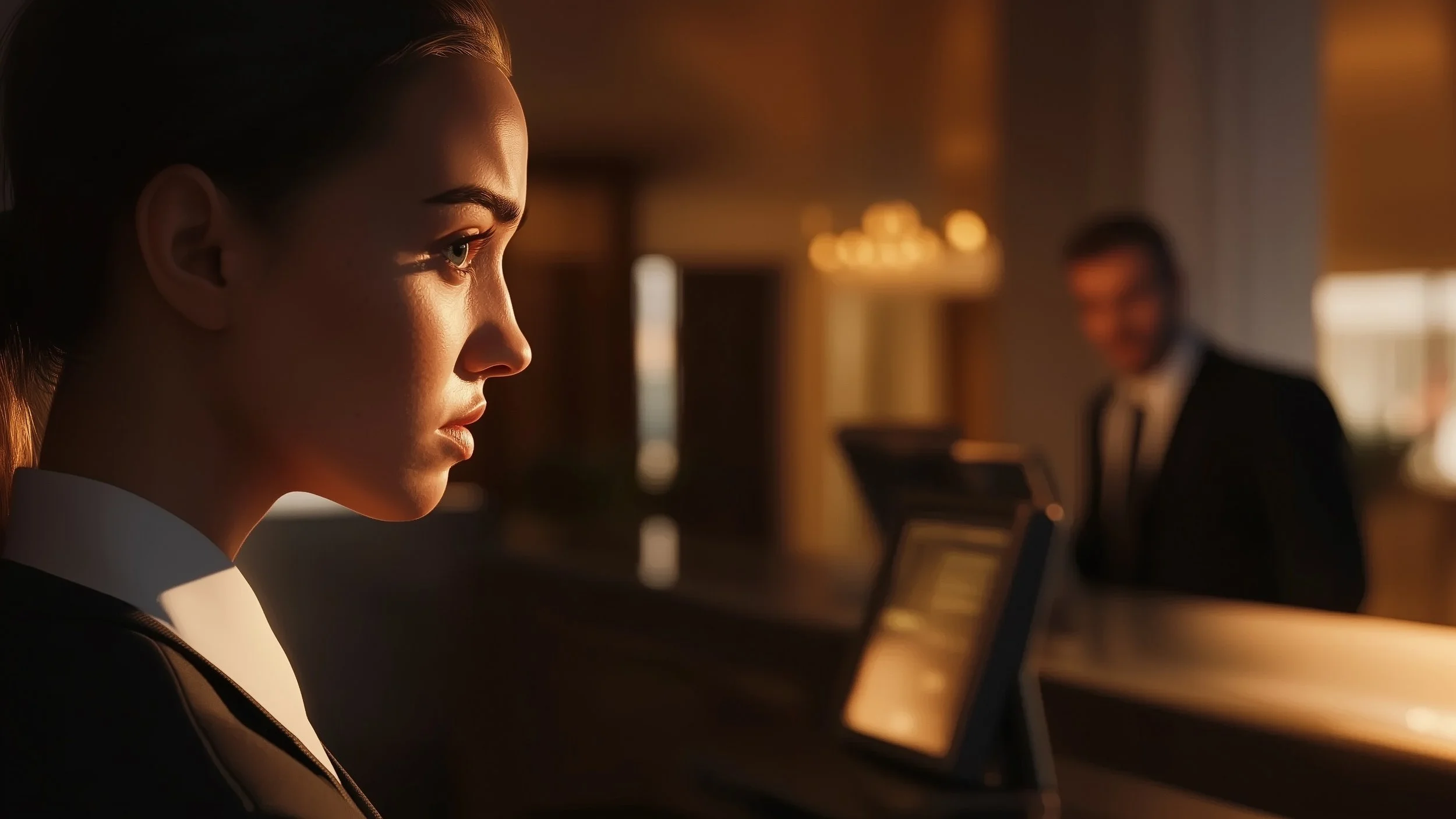 Side profile of a young woman in a black uniform with white collar, sitting at a reception desk. A man in a suit is in the background behind the reception area, blurred.