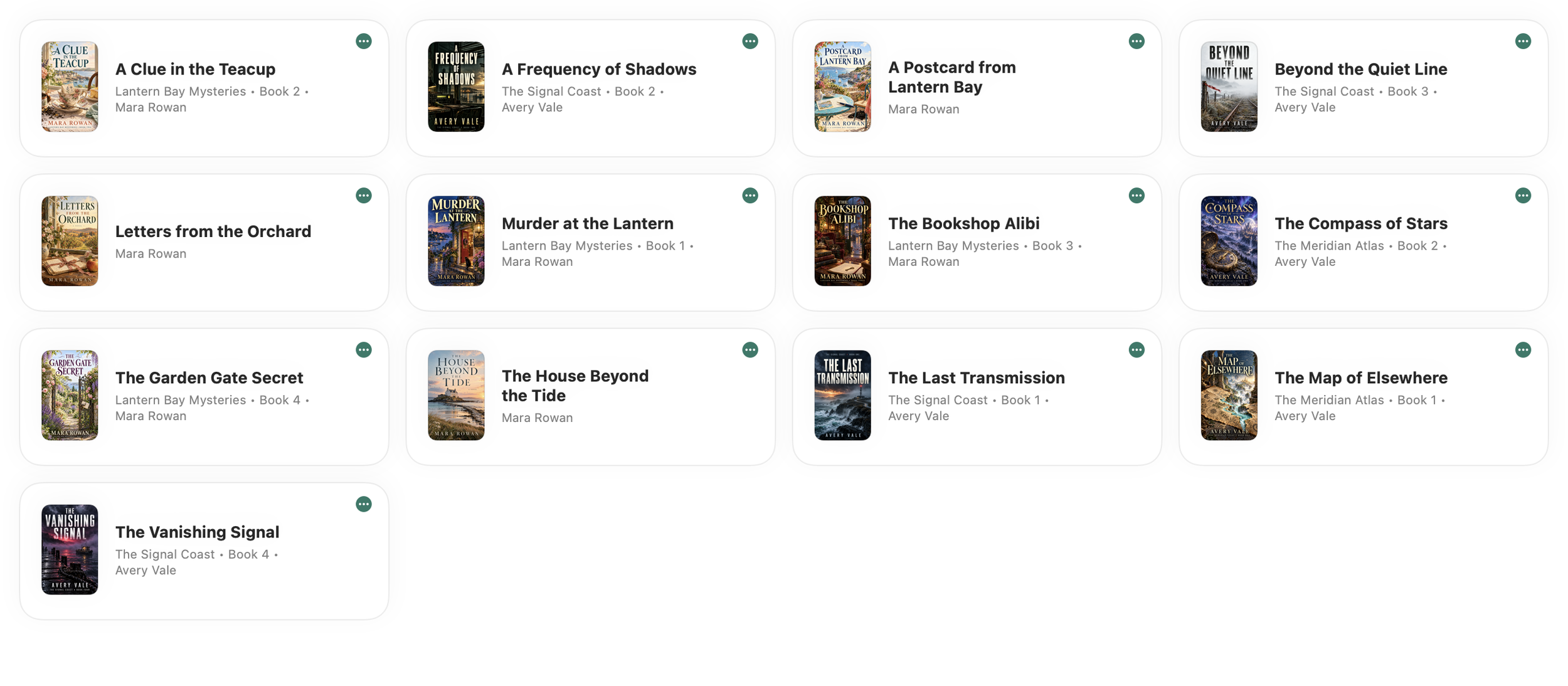 A book catalog organized by title, cover, series, and pen name in the author business.