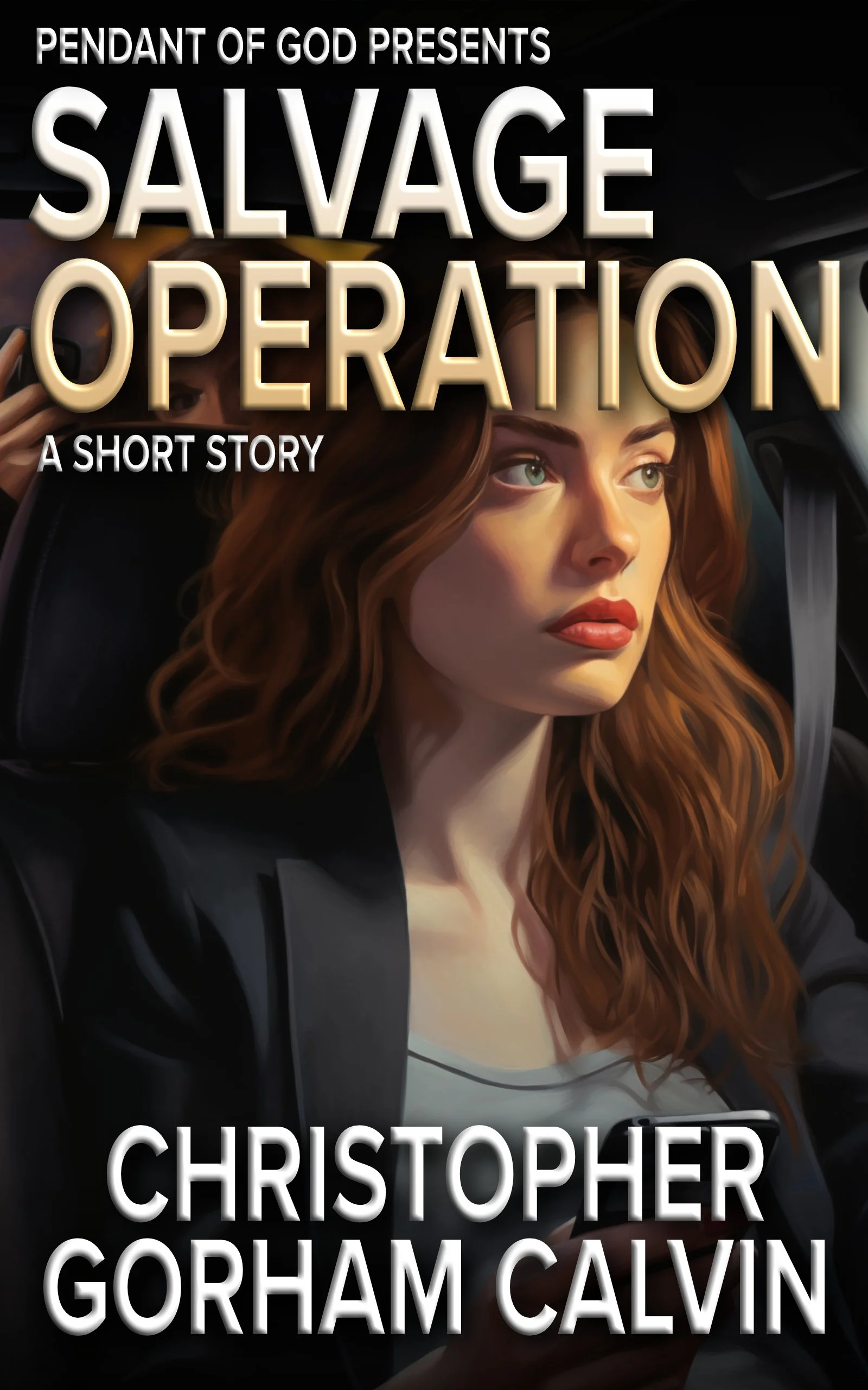 Book cover titled 'Salvage Operation' by Christopher Gorham Calvin, depicting a woman with red hair sitting in a vehicle, looking to the side.