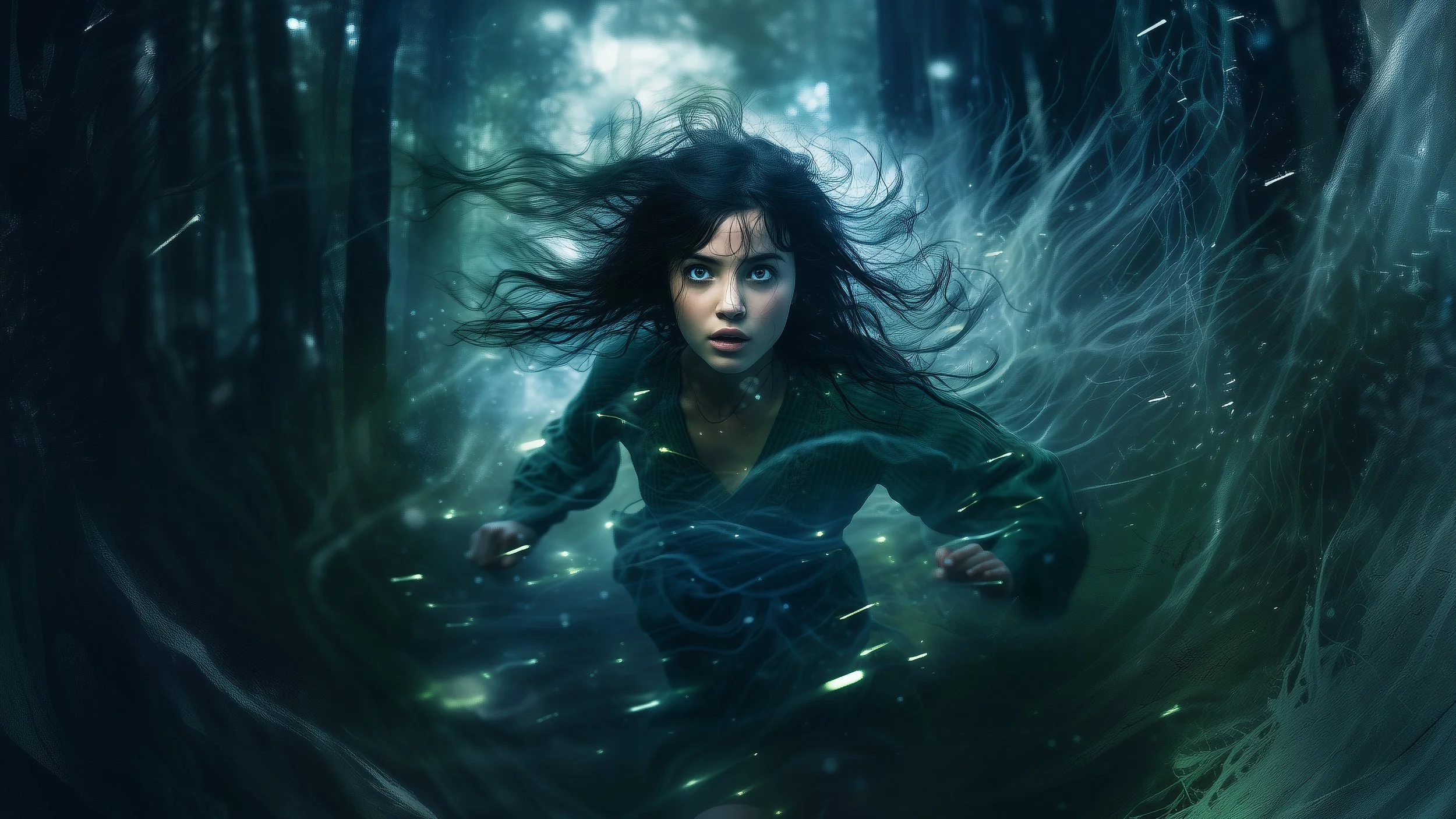 A woman with long dark hair, wide eyes, and a serious expression, appears to be running or emerging through a dark, mystical forest with glowing green and blue light effects surrounding her.