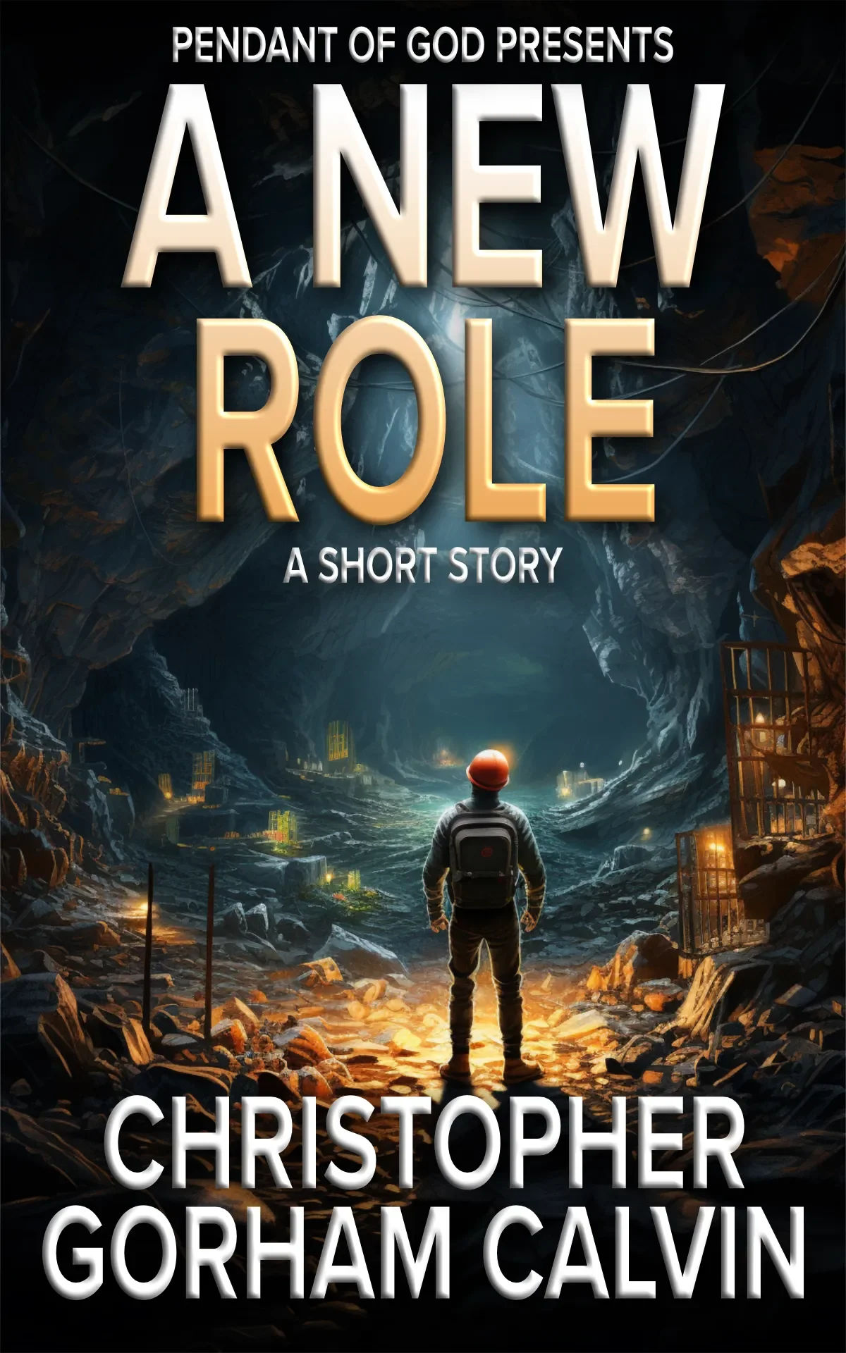 Book cover titled "A New Role” by Christopher Gorham Calvin, featuring a person in a helmet and backpack standing in a cave with glowing exits and bars.