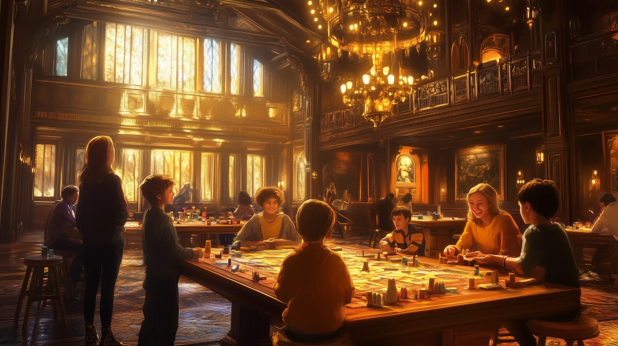 Children playing a board game in a grand, warmly lit room with large windows, wooden walls, and a chandelier.