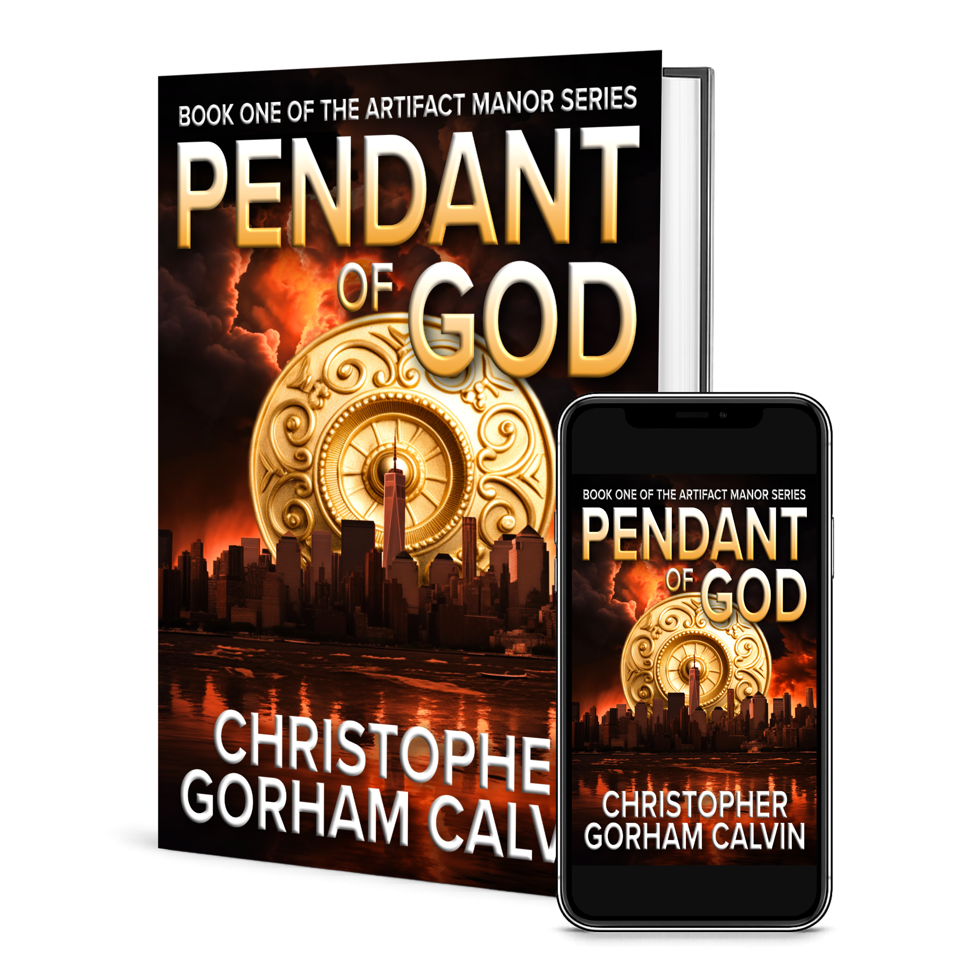 Cover of a book titled 'Pendant of God' by Christopher Gorham Calvin, depicting a gold pendant with an urban skyline and dramatic sky in the background.