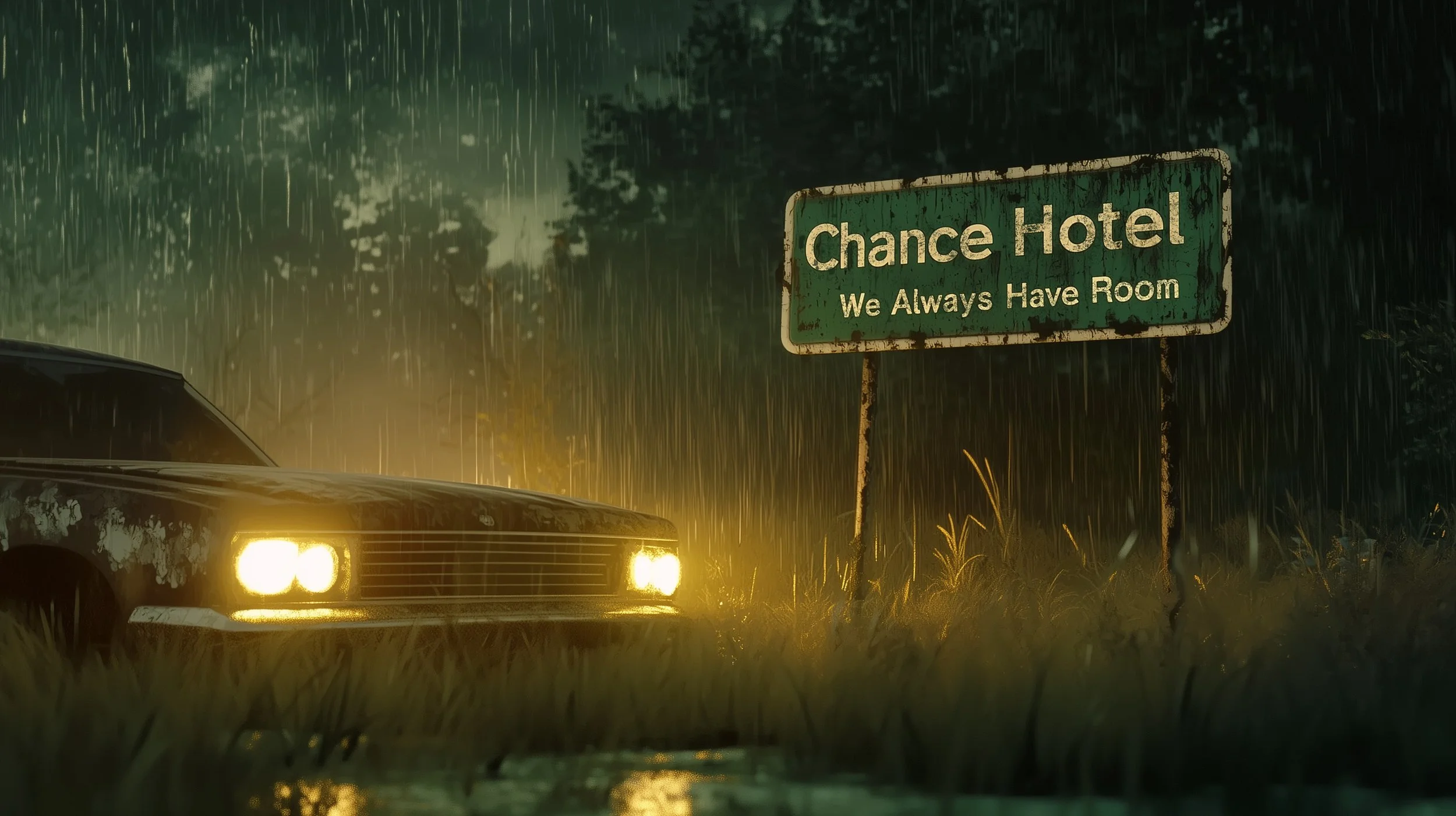 A car parked in front of a roadside sign for Chance Hotel during a heavy rainstorm at night. The sign reads 'Chance Hotel We Always Have Room' and the car's headlights are on, illuminating the wet grass and trees in the background.