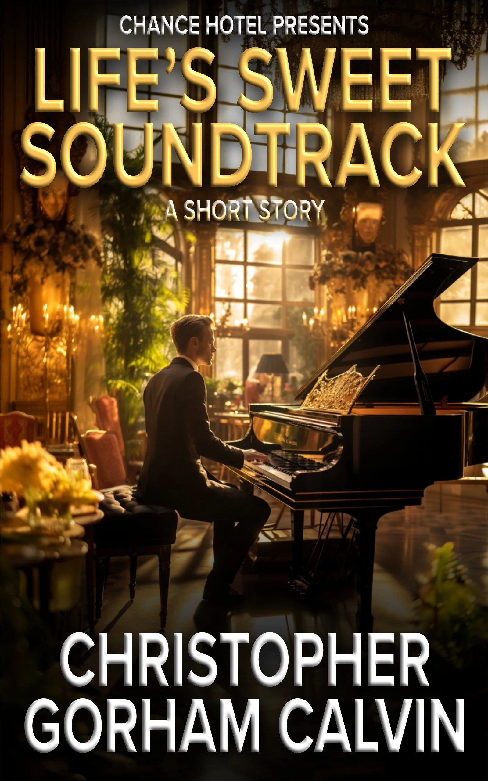 The cover of a book titled 'Life's Sweet Soundtrack: A Short Story' by Christopher Gorham Calvin, featuring a man playing a grand piano in an elegant, sunlit room with large windows, ornate decor, and a lush, plant-filled background.