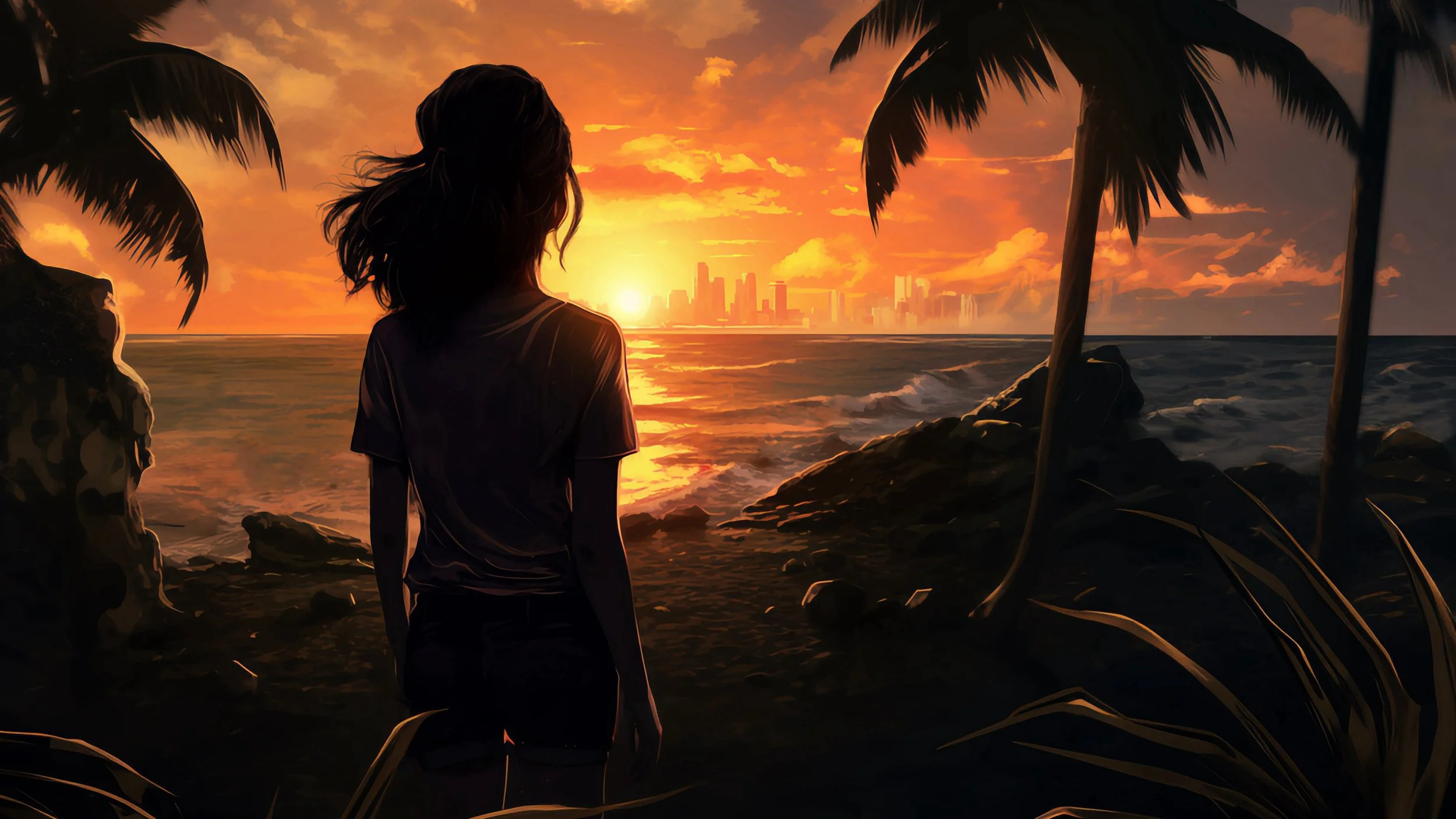 A person standing on a tropical beach at sunset, overlooking the ocean with a city skyline in the distance. The scene is framed by palm trees and rocks, with vibrant orange and yellow sky.