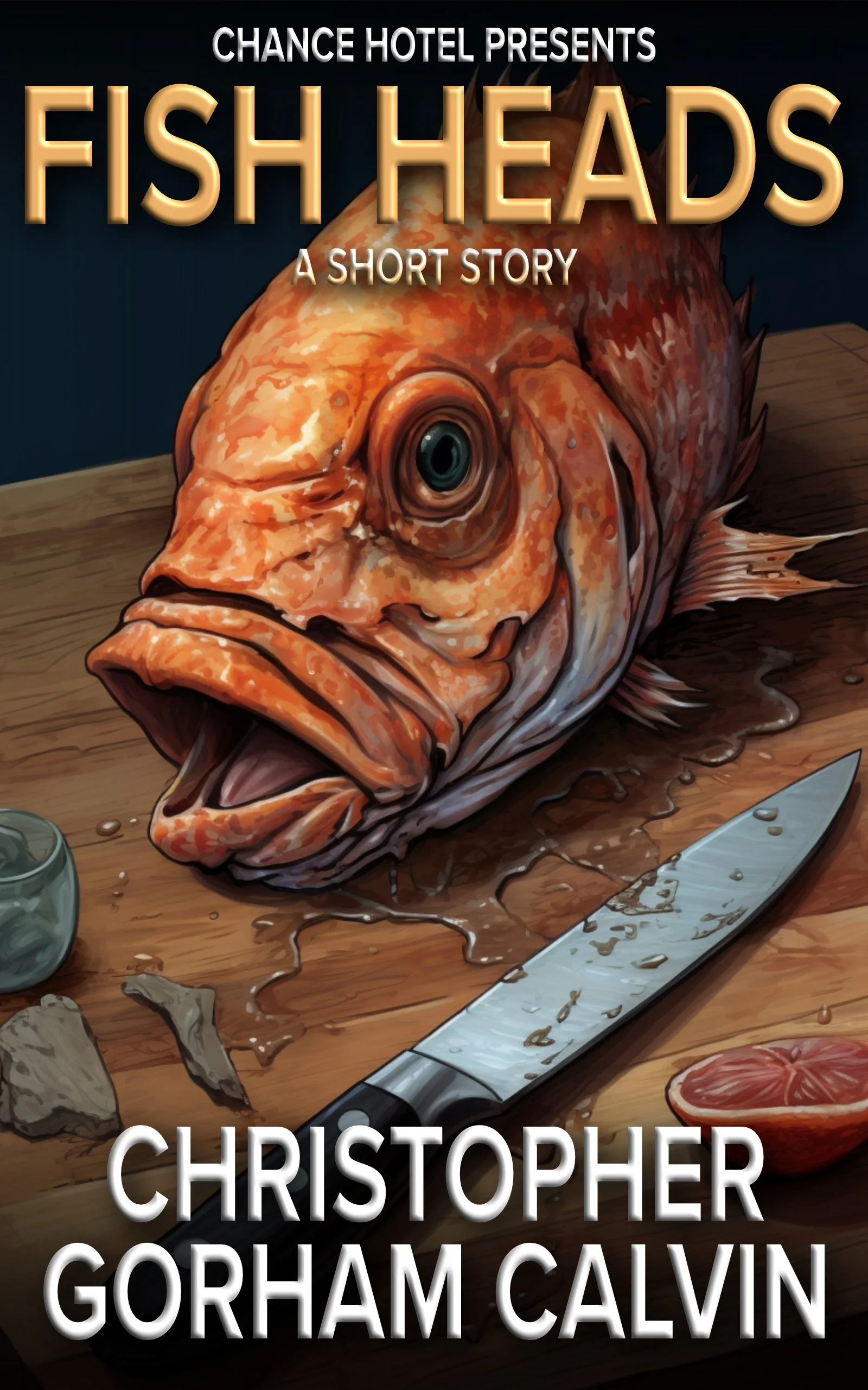 Book cover titled "Fish Heads: A Short Story" by Christopher Gorham Calvin, featuring a realistic illustration of a fish head on a wooden surface with a knife and tomato slices around it.
