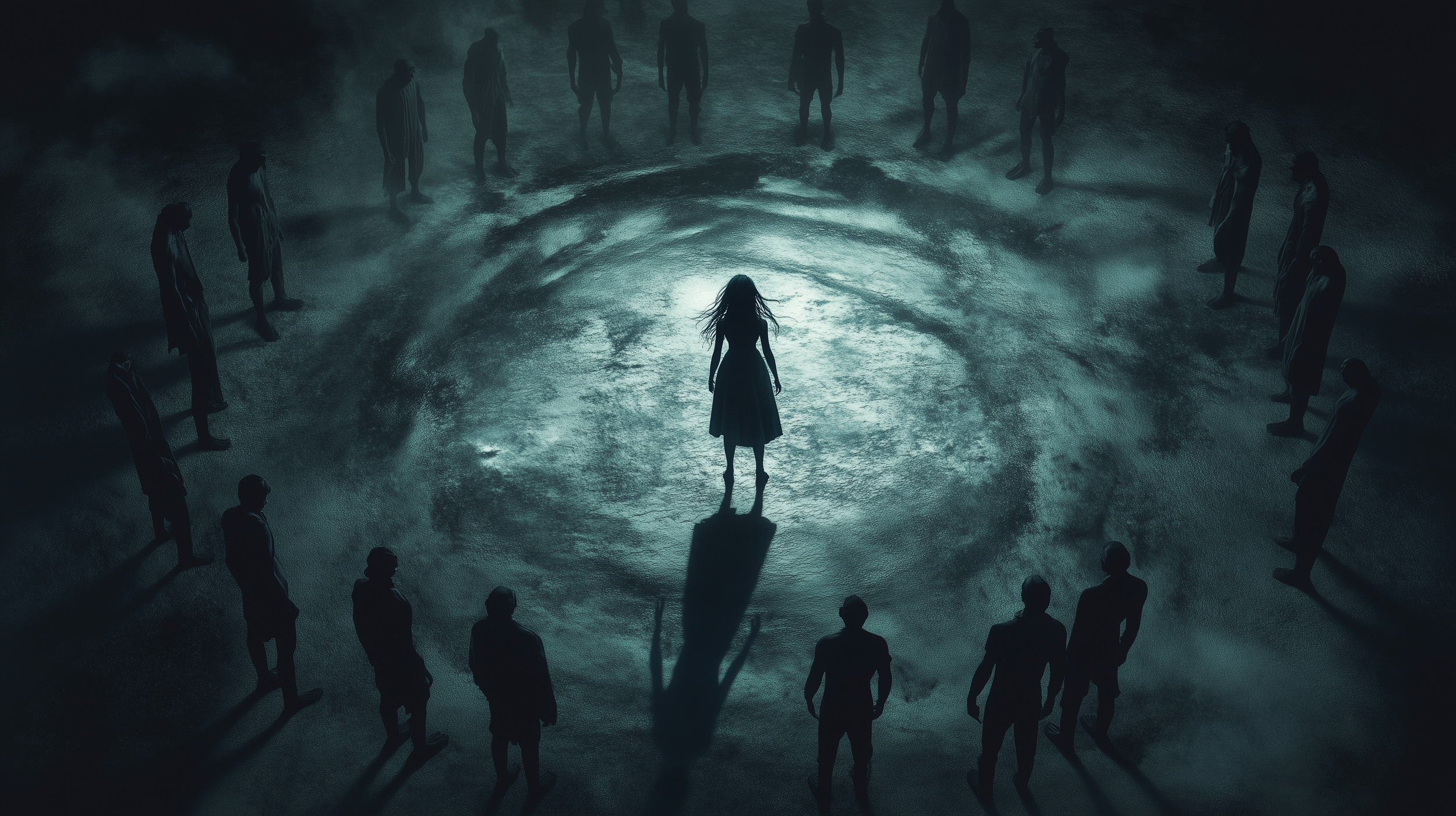 A woman with long hair standing on a dark, textured surface, surrounded by about twenty people spaced evenly around her in a circle, shadows cast behind them, under a dim, eerie light.