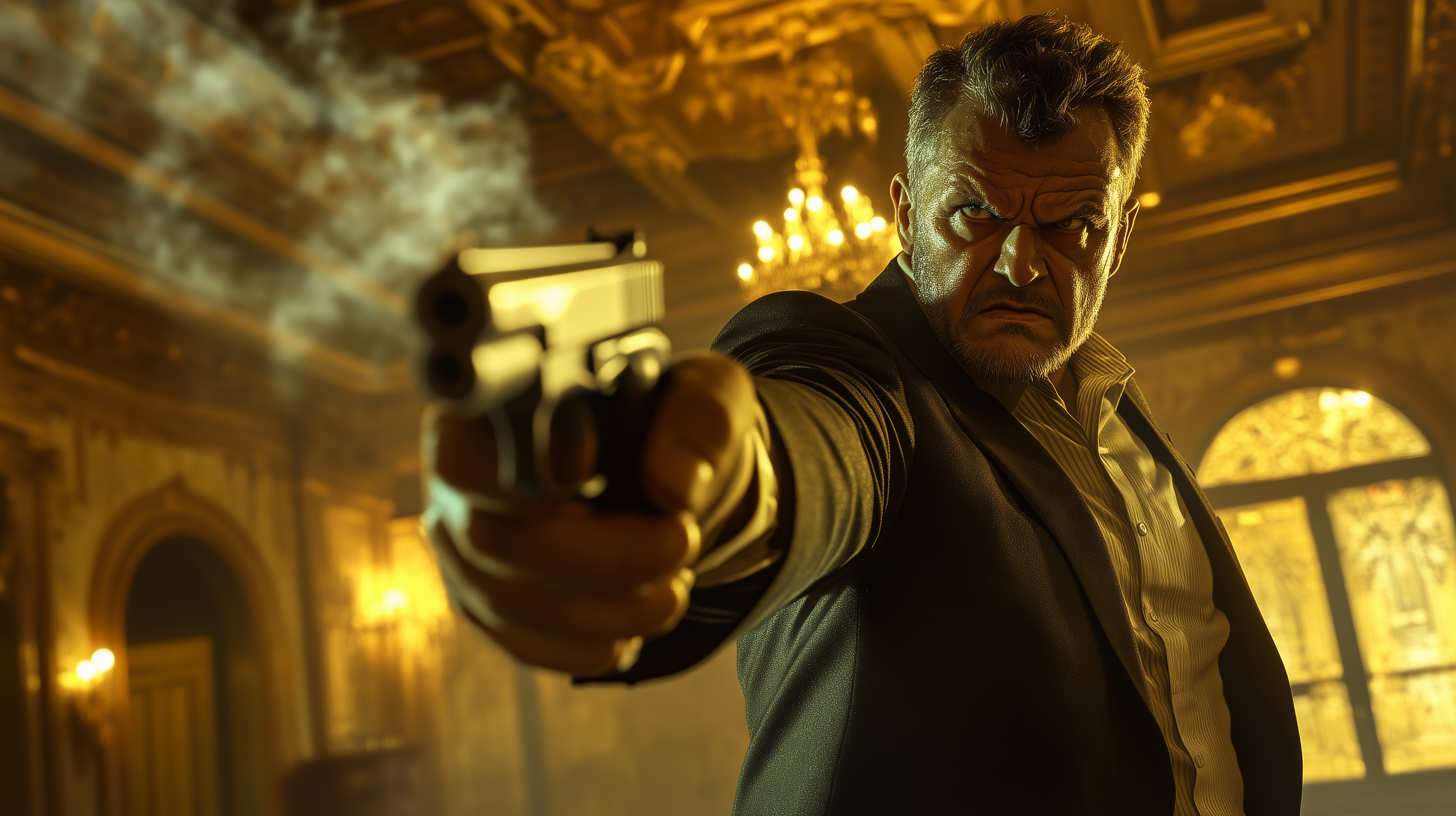A man with gray hair and a serious expression is pointing a gun directly at the camera inside a grand, ornately decorated room with warm yellow lighting and chandeliers.