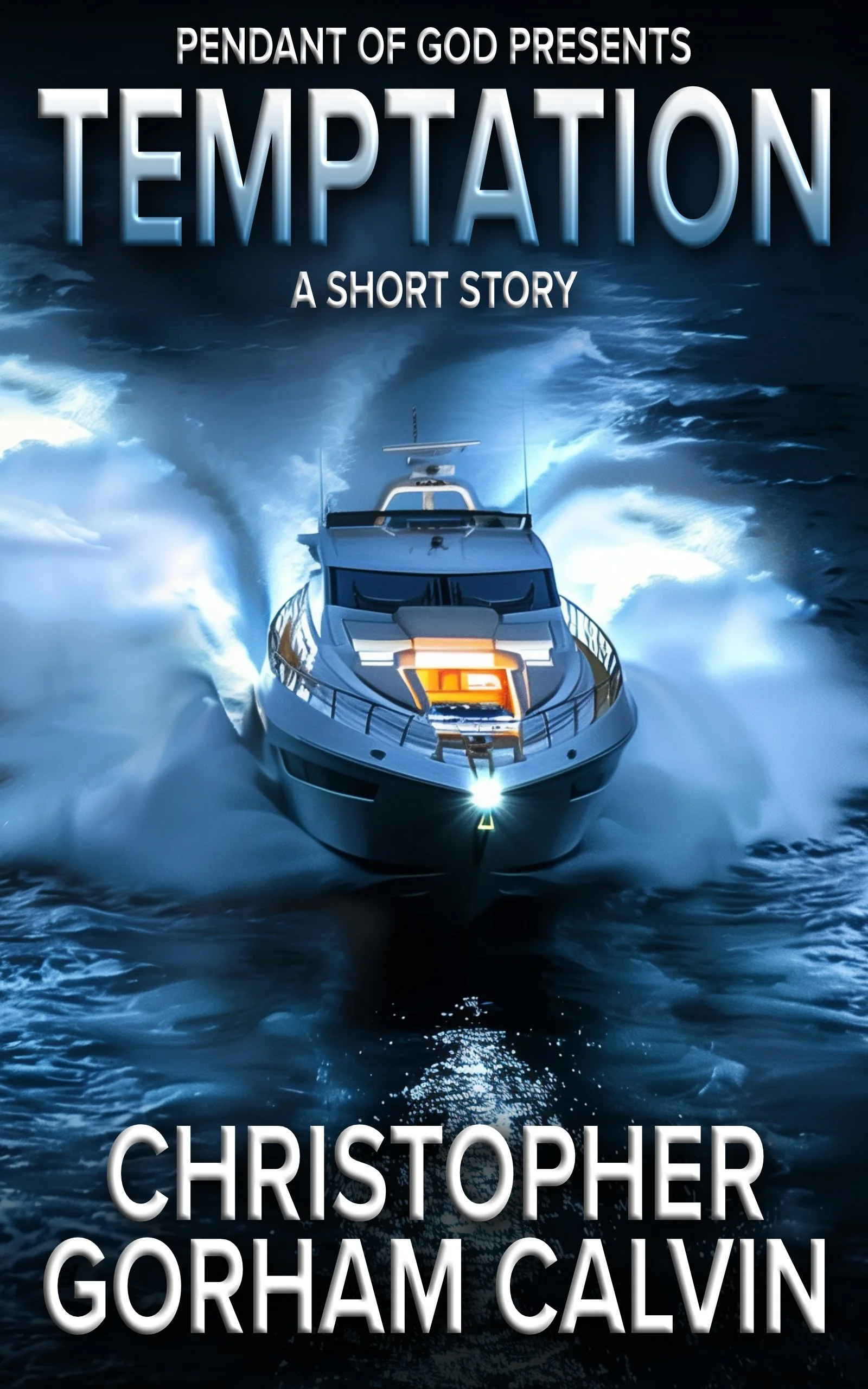 Book cover titled 'Temptation' by Christopher Gorham Calvin, featuring a luxury yacht speeding through dark ocean waters at night with a dramatic stormy sky overhead.
