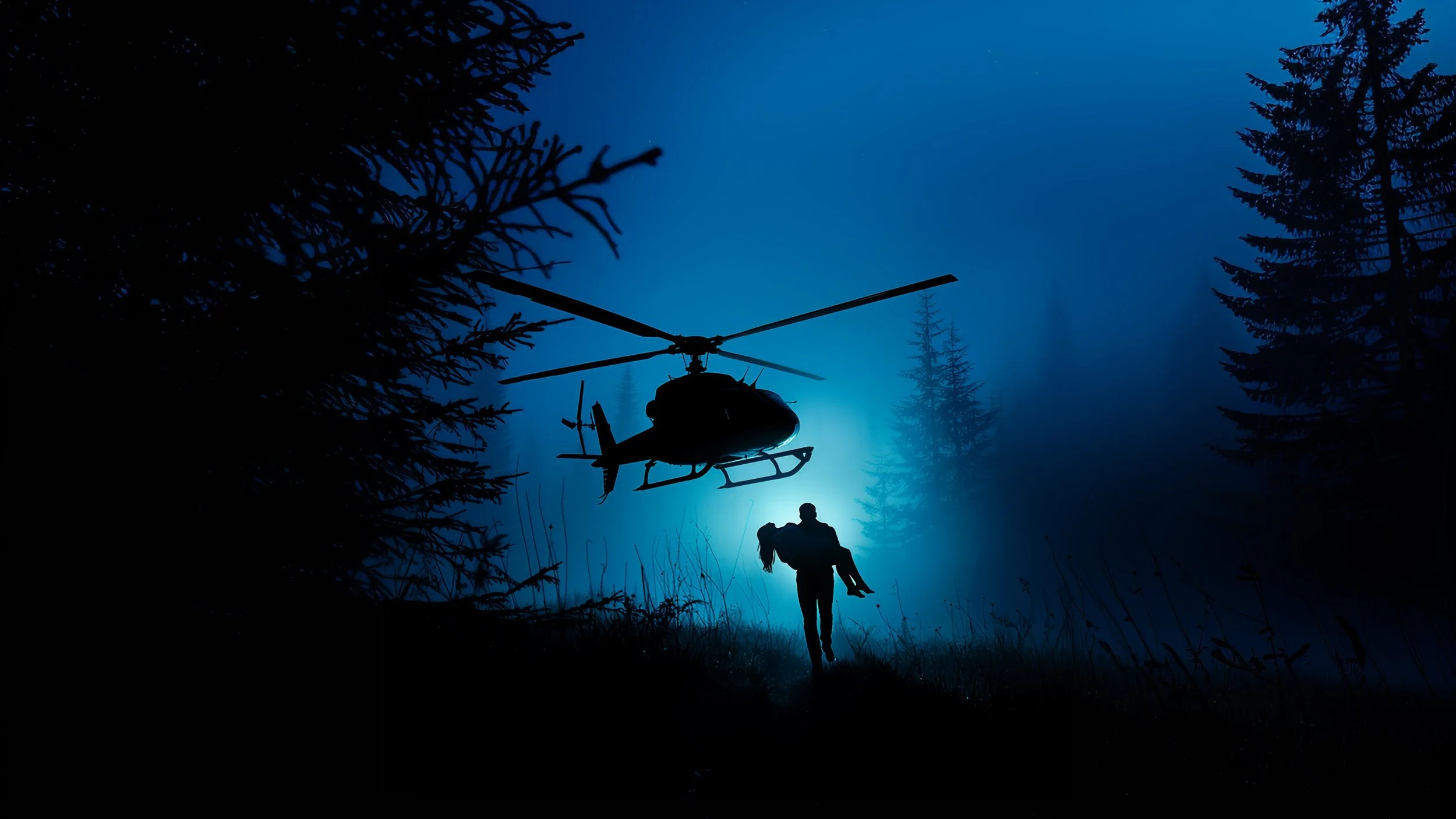 A silhouette of a person carrying another person in a forest at night, with a helicopter hovering overhead and trees in the background.