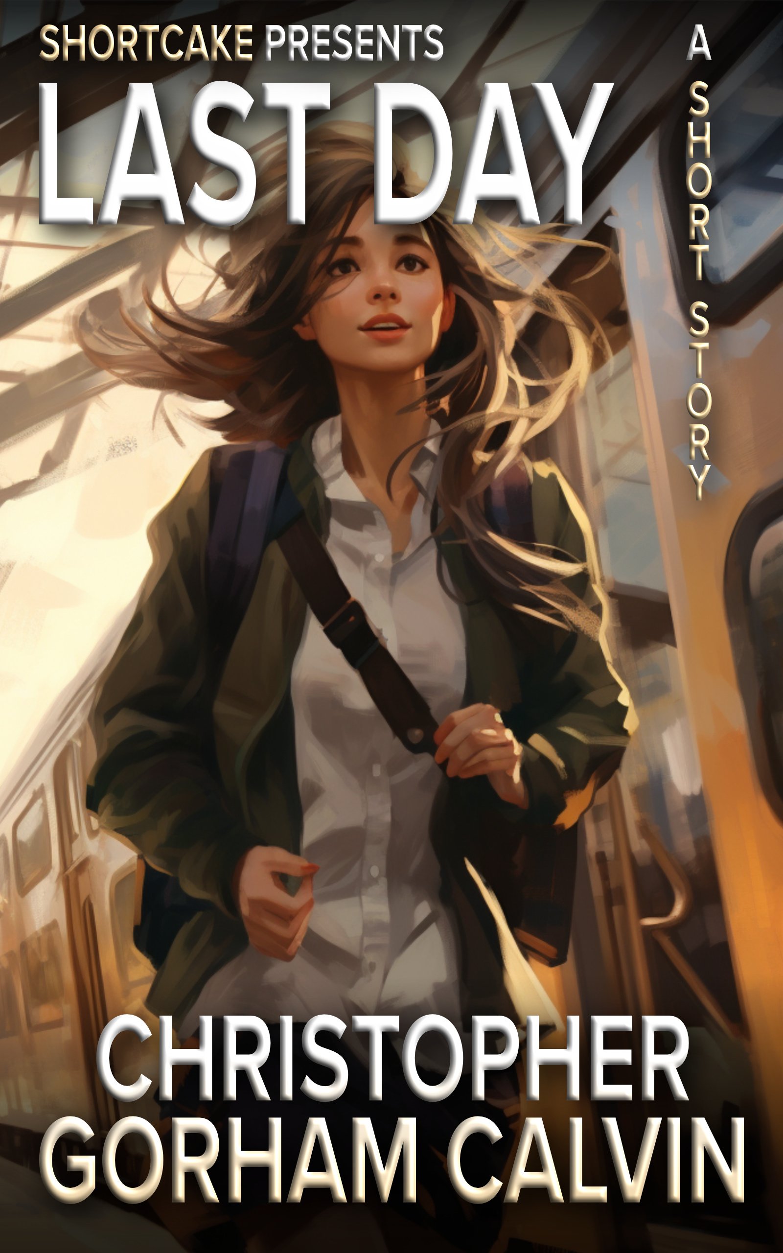 Cover of a book titled "Last Day" by Christopher Gorham Calvin, with a young woman with long, flowing hair standing inside a train, carrying a backpack, and looking out the window.