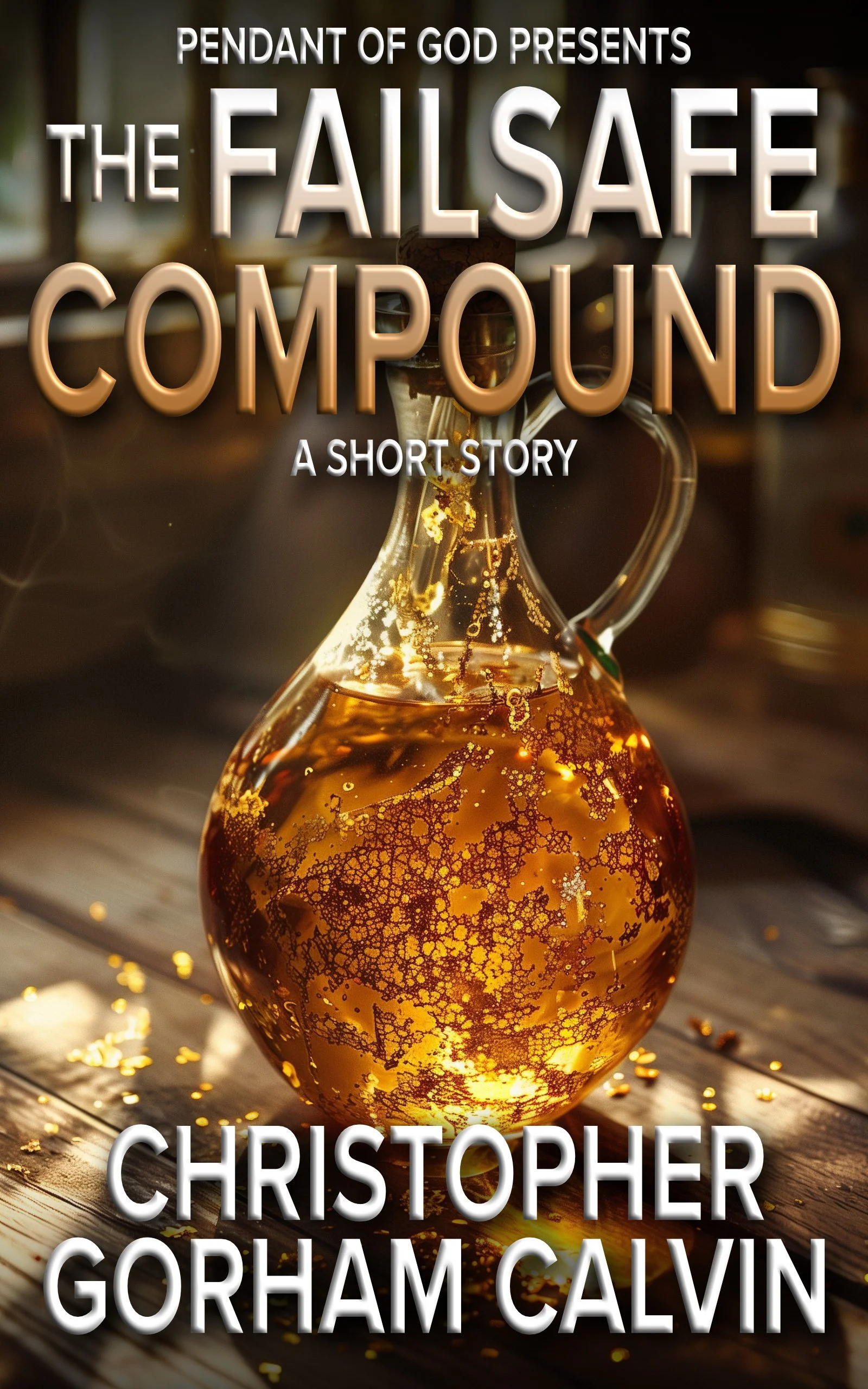 Book cover titled 'The Falsafe Compound' by Christopher Gorham Calvin, featuring a glass flask with bubbling golden liquid, on a wooden surface with scattered gold flakes.