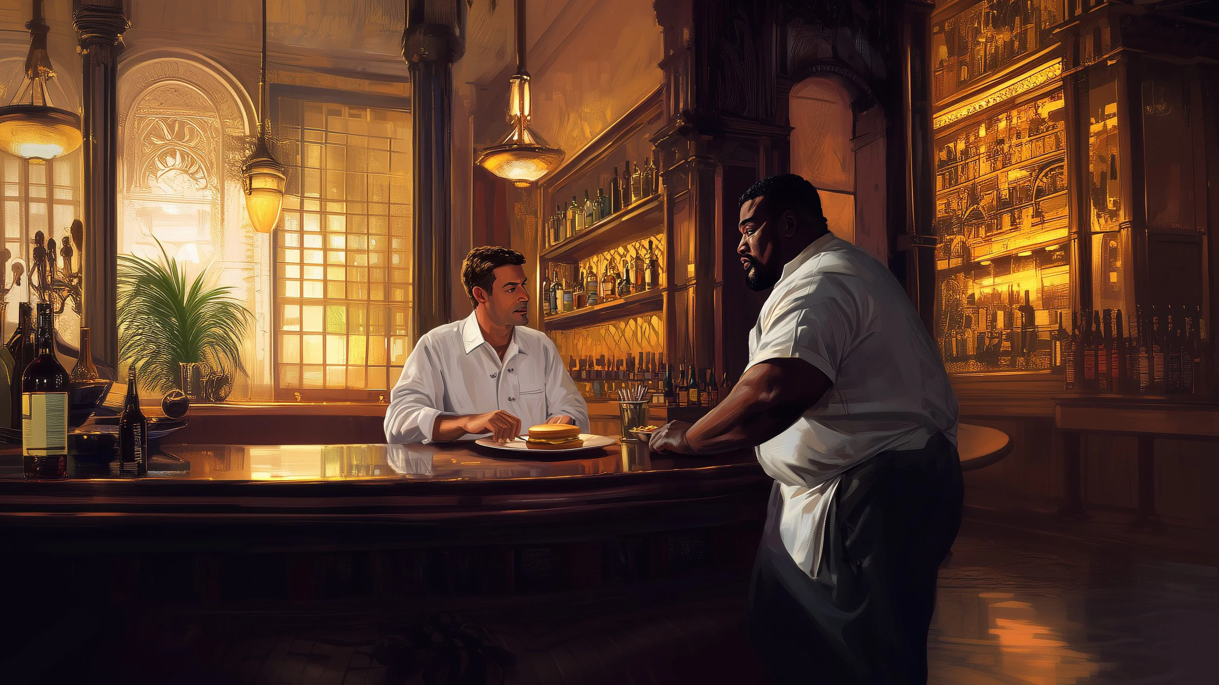 A man seated at a bar with a sandwich, talking to a bartender in a warmly lit, elegant bar or restaurant with wood shelves, bottles, and instruments on the shelves.