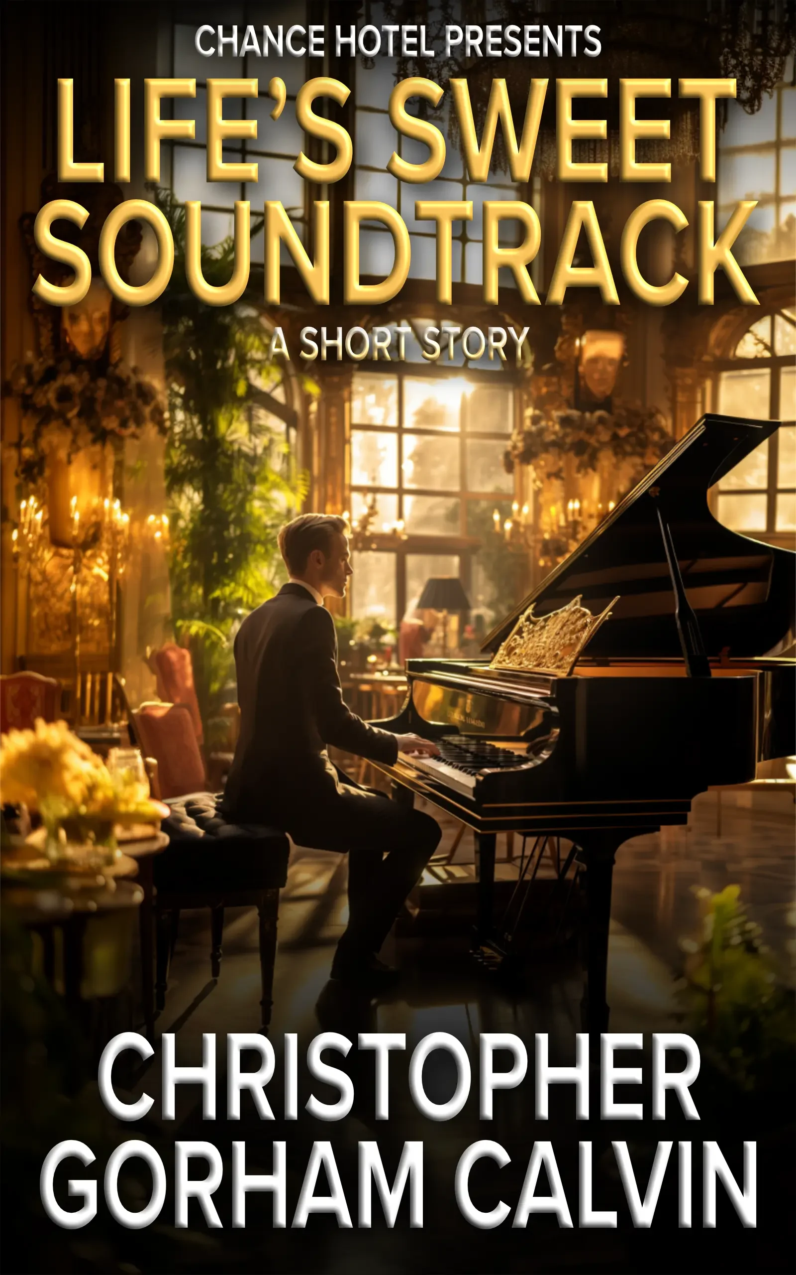 The cover of a book titled 'Life's Sweet Soundtrack: A Short Story' by Christopher Gorham Calvin, featuring a man playing a grand piano in an elegant, sunlit room with large windows, ornate decor, and a lush, plant-filled background.
