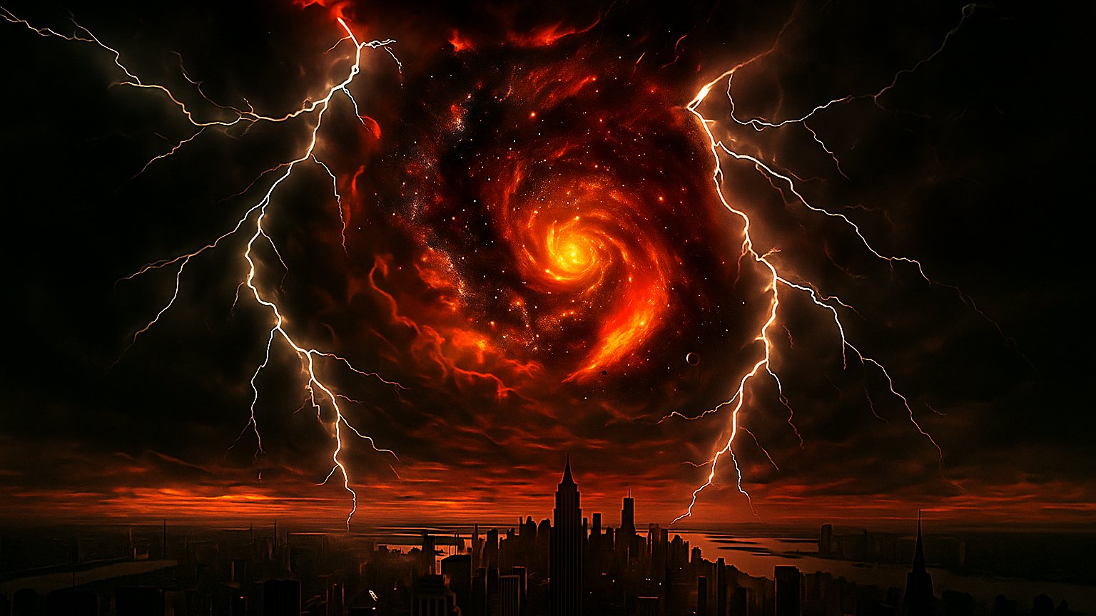 A digital artwork of a swirling galaxy with vibrant reds and oranges, surrounded by jagged lightning bolts against a dark sky, over a city skyline silhouette at sunset.
