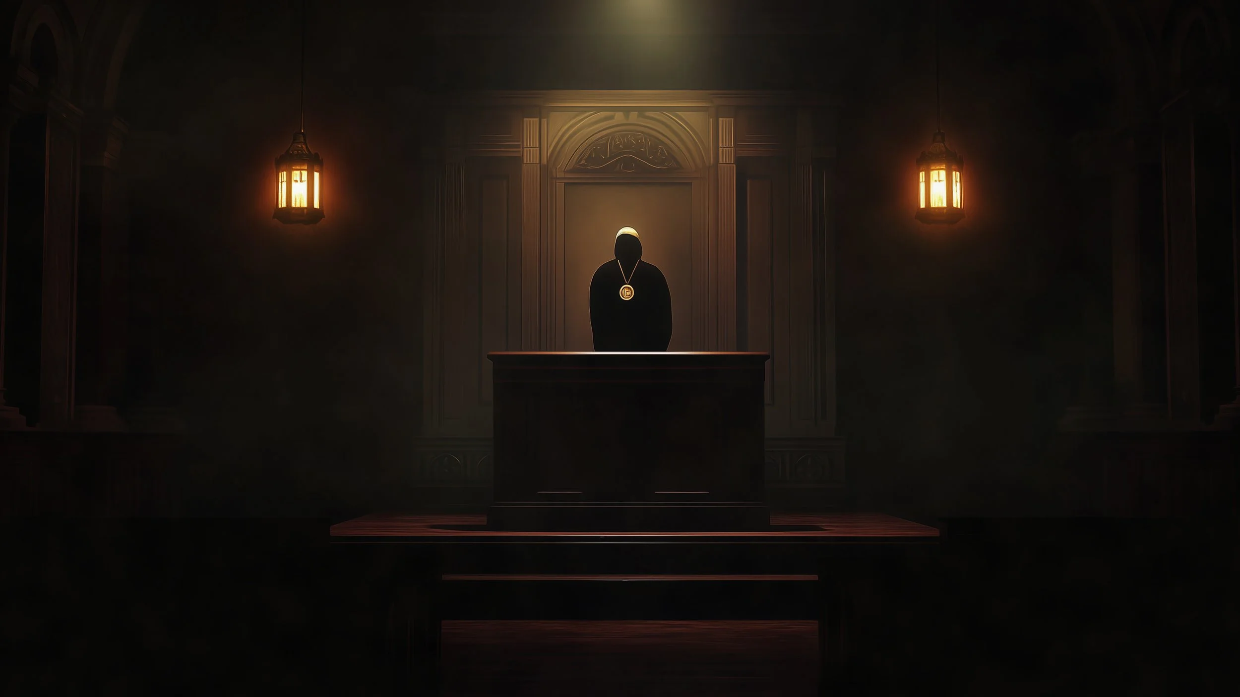 A dark, mysterious room with dim lighting, featuring two hanging lanterns. In the center, a figure dressed in black with a hood or veil, wearing a large medallion, stands behind a desk or altar, illuminated by a soft spotlight.