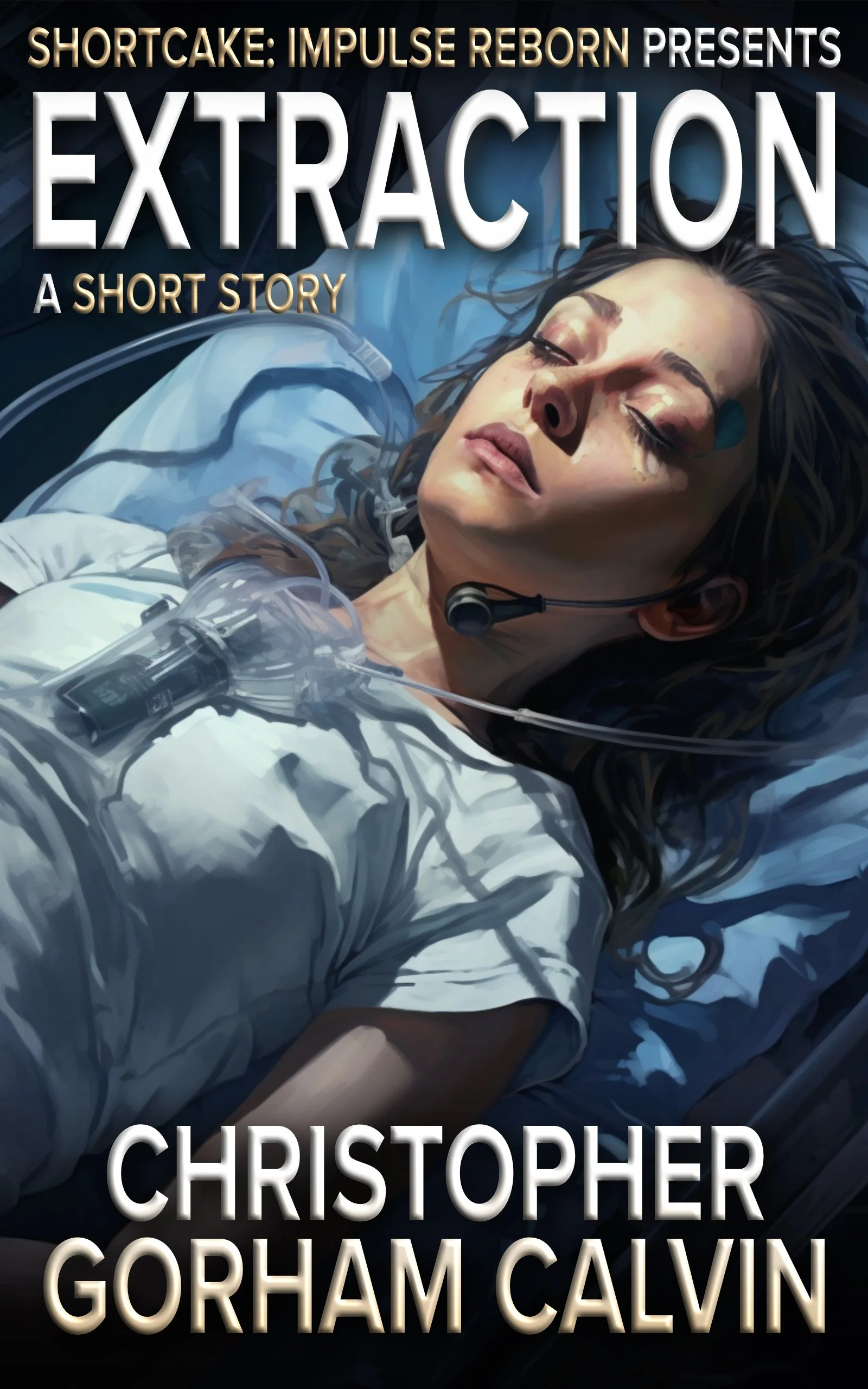 Book cover for 'Extraction: A Short Story' by Christopher Gorham Calvin, featuring a woman lying in a hospital bed with her eyes closed, connected to medical equipment.