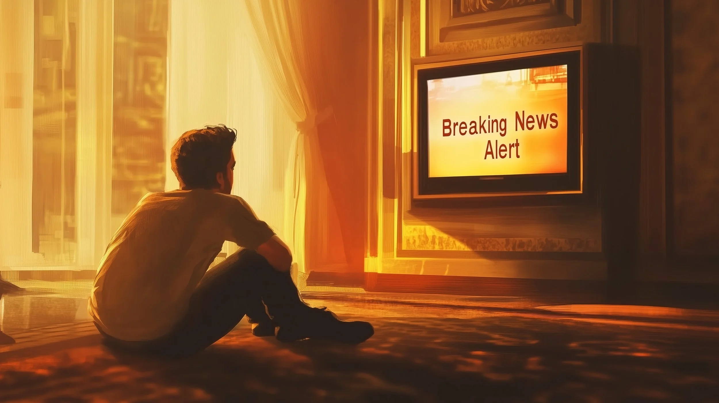 A person sitting on the floor in a room, watching a TV with a "Breaking News Alert" message on the screen.