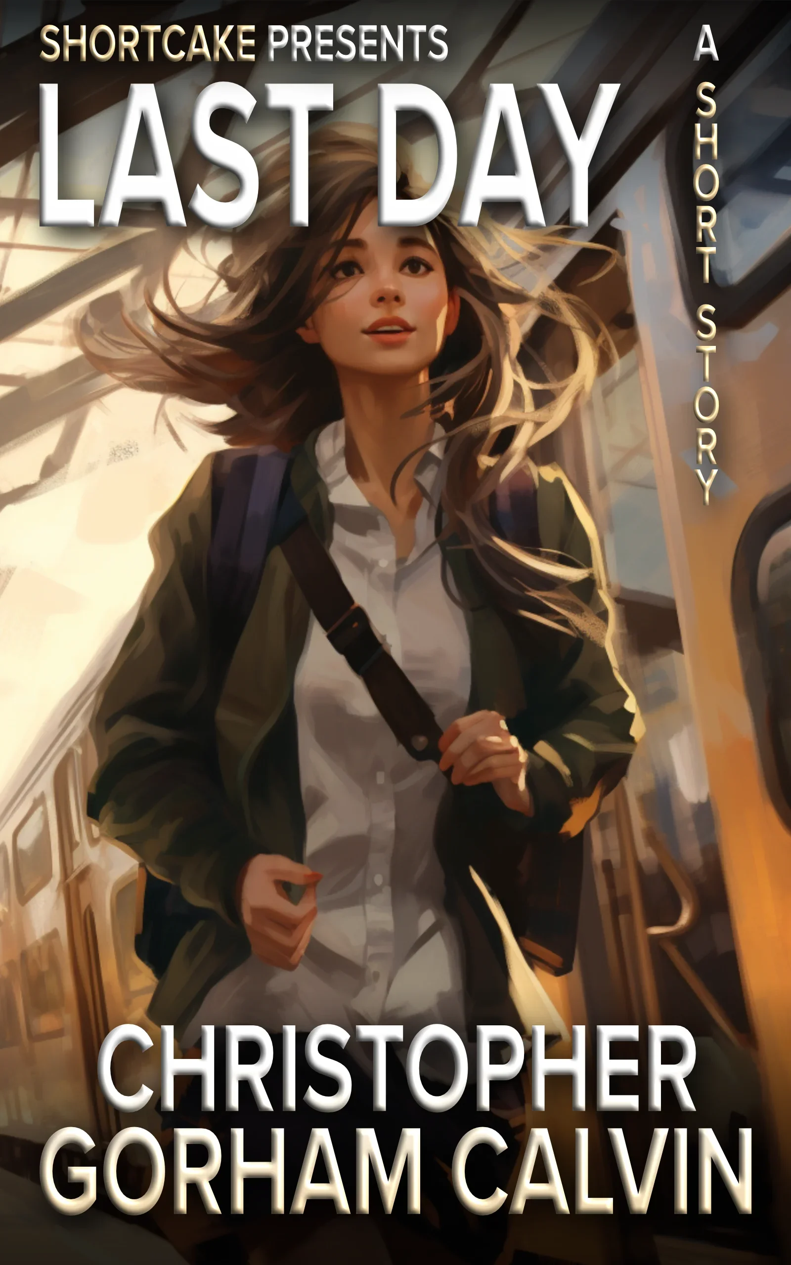 Book cover for 'Last Day: A Short Story' by Christopher Gorham Calvin. Features an illustration of a young woman with long hair, wearing a white shirt and a dark jacket, standing inside a train or subway, with a bright cityscape background.
