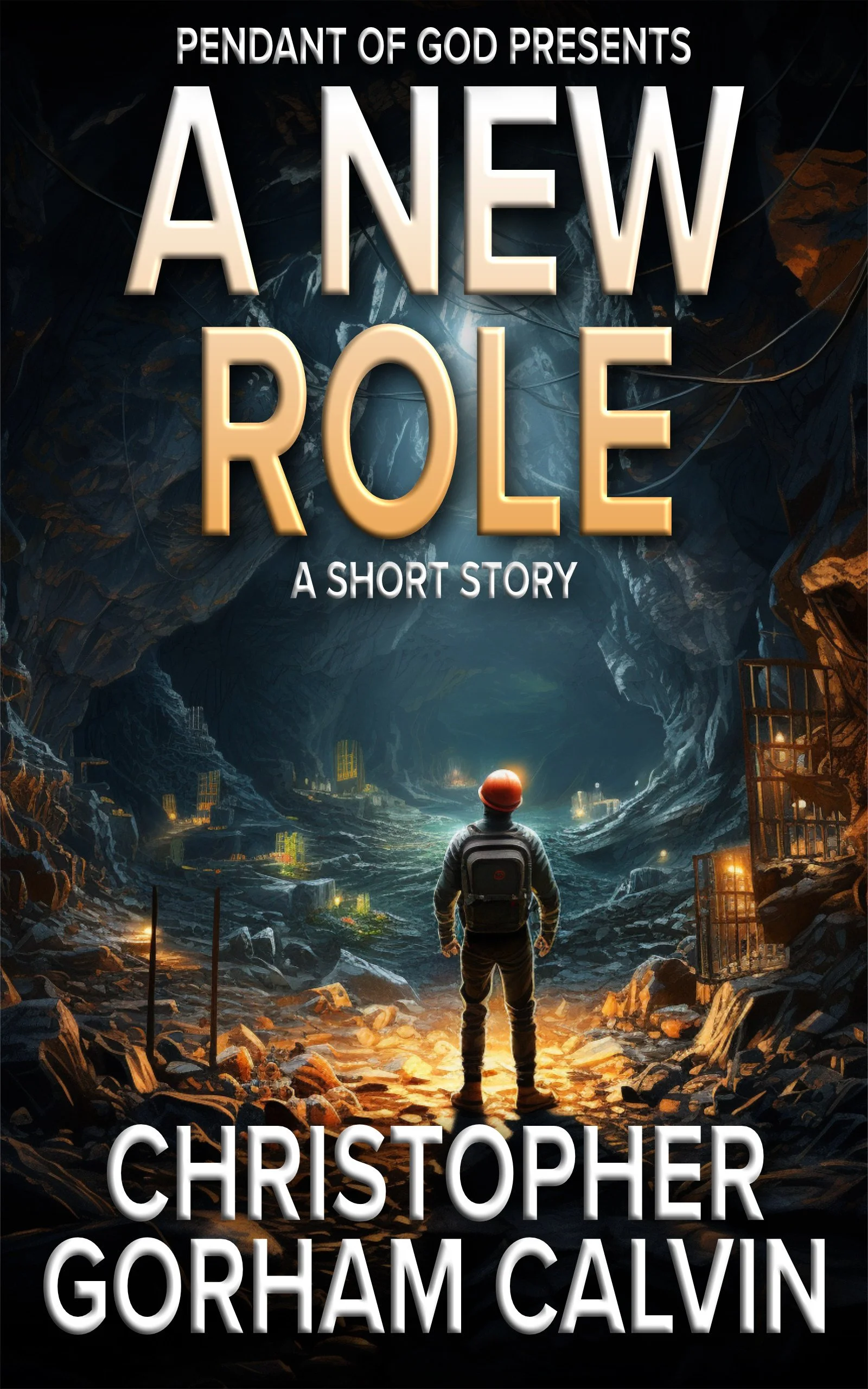Book cover titled "A New Role” by Christopher Gorham Calvin, featuring a person in a helmet and backpack standing in a cave with glowing exits and bars.