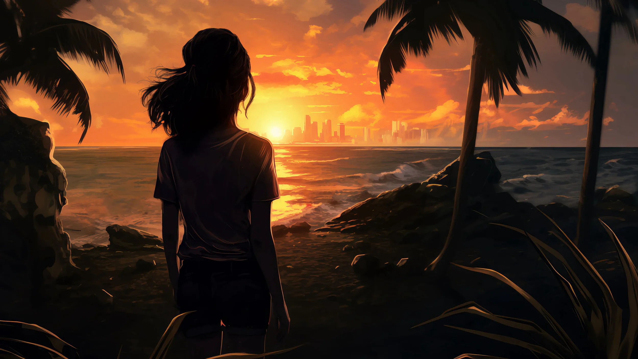 A person standing on a tropical beach at sunset, overlooking the ocean with a city skyline in the distance. The scene is framed by palm trees and rocks, with vibrant orange and yellow sky.