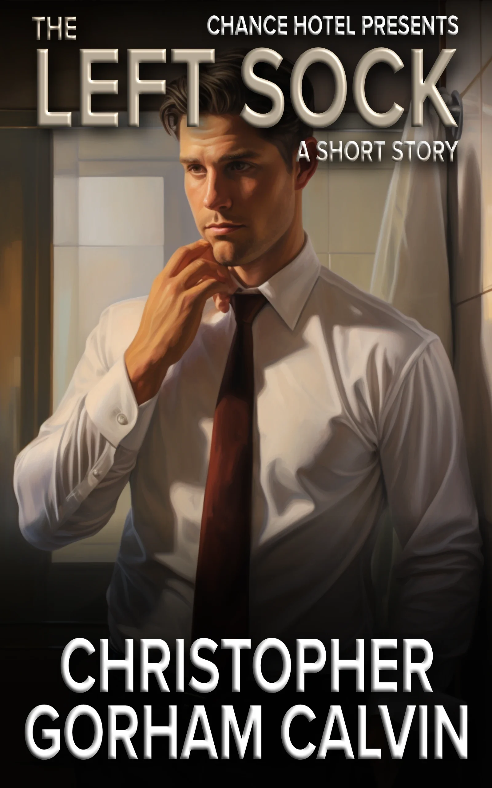 Book cover for 'The Left Sock' by Christopher Gorham Calvin, features a man in a white dress shirt and dark tie, standing in a room with tiled walls, adjusting his tie with a serious expression.