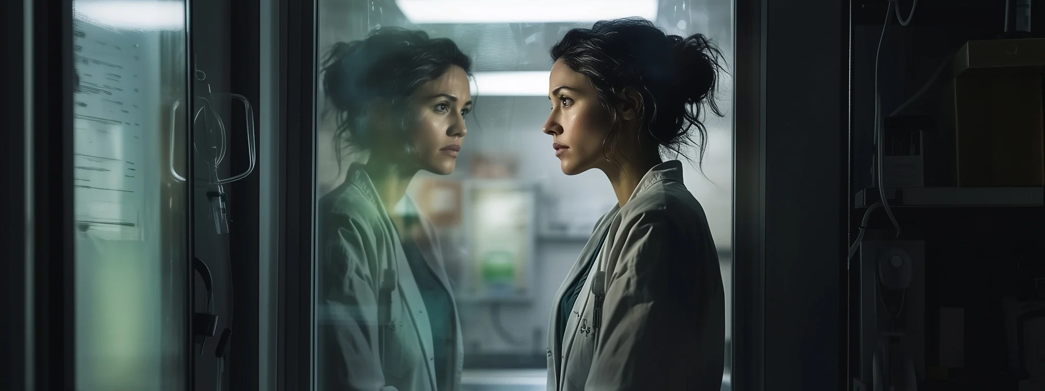 Two female doctors in medical coats face each other across a glass partition in a hospital or medical setting, with their reflections visible in the glass.